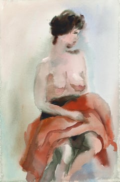 Nu assis avec couverture rouge, aquarelle impressionniste d'Eve Nethercott