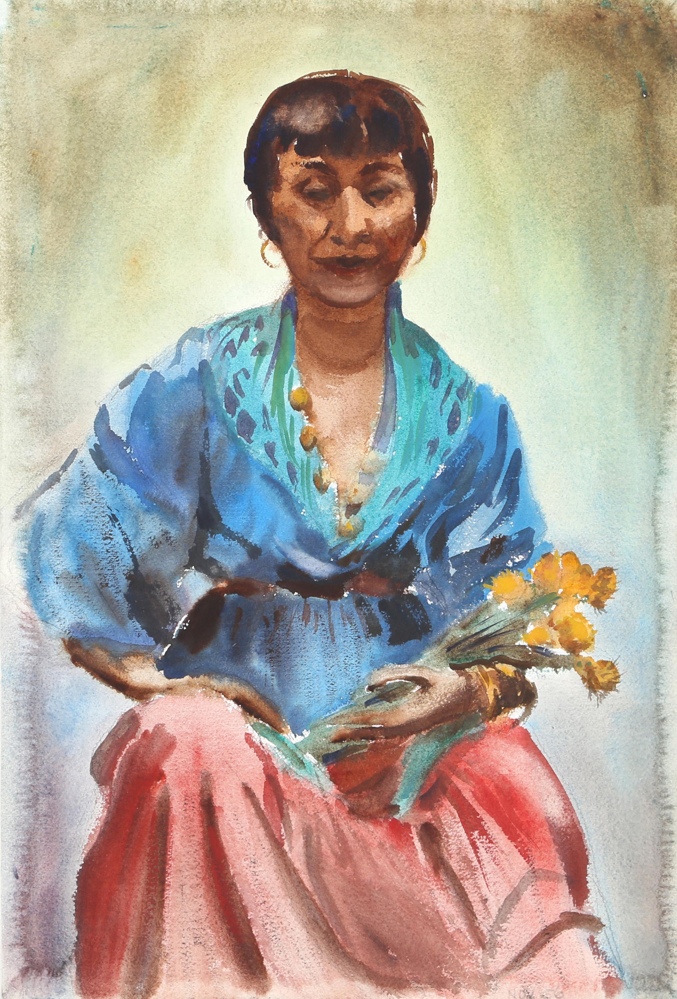  Eve Nethercott, Amerikanerin (1925 - 2015) -  Frau mit Blumen (P1.28), Jahr:  1956, Medium:  Aquarell auf Papier, Größe:  22  x 15 in. (55.88  x 38,1 cm), Beschreibung:  Die Frau, die einen blauen gewebten Schal mit goldenen Verzierungen trägt,