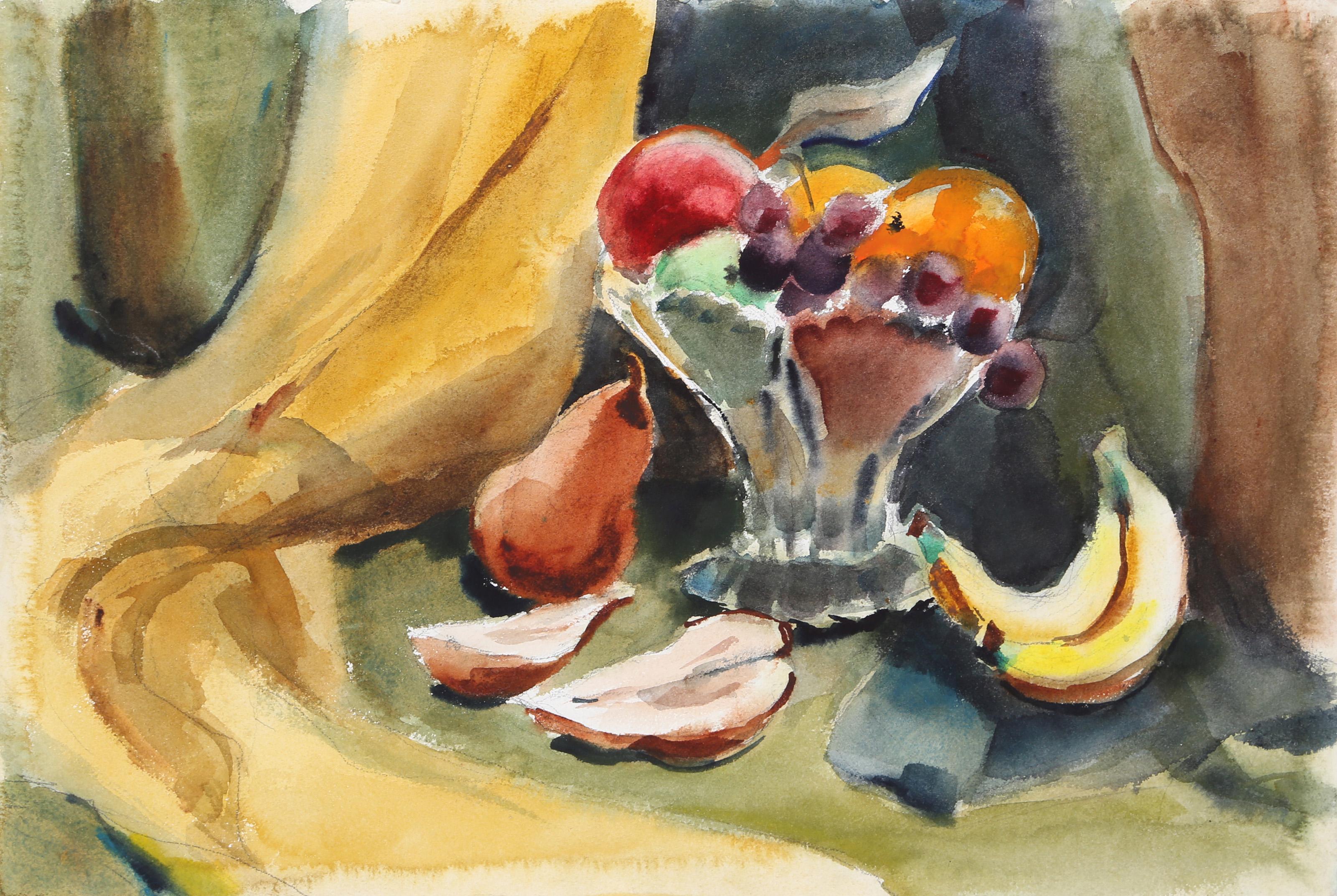  Eve Nethercott, estadounidense (1925 - 2015) -  Naturaleza muerta con fruta (P1,29), Año:  1960, Medio:  Acuarela sobre papel, Tamaño:  15  x 22 pulg. (38,1  x 55,88 cm), Descripción:  Esparcidos alrededor de un cuenco de cristal que contiene