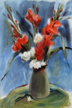 Fiori rossi in vaso verde, acquerello impressionista di Eve Nethercott