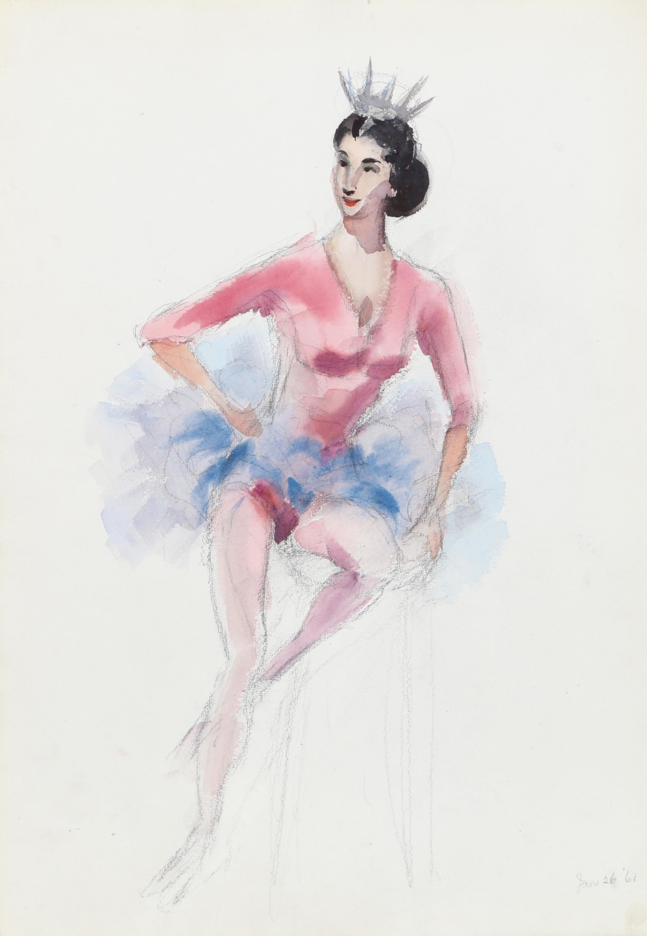  Eve Nethercott, Amerikanerin (1925 - 2015) -  Ballerina mit Tiara (P1.30), Jahr:  1961, Medium:  Aquarell auf Papier, Größe:  22  x 15 in. (55.88  x 38,1 cm), Beschreibung:  Die Darstellung einer Ballerina mit silbernem Diadem vor weißem