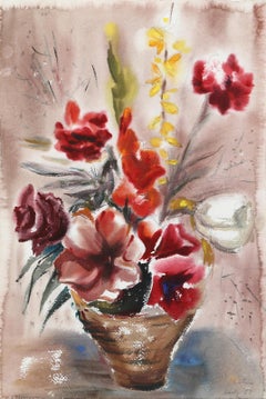 Red Flowers in Basket, Impressionist Watercolor by Eve Nethercott