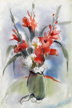 Fiori rossi in vaso, acquerello impressionista di Eve Nethercott