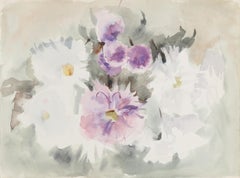 Fiori bianchi e viola, acquerello impressionista di Eve Nethercott