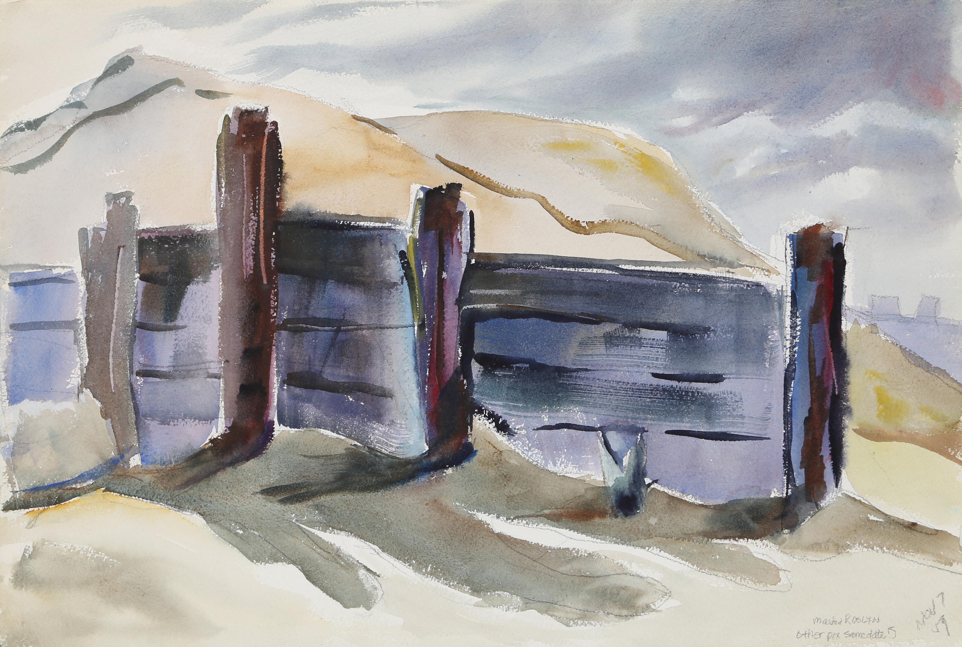  Eve Nethercott, Amerikanerin (1925 - 2015) -  Roslyn (P1.11), Jahr:  1959, Medium:  Aquarell auf Papier, Größe:  15  x 22 in. (38.1  x 55,88 cm), Beschreibung:  Der in einem sanften Violett getönte Holzzaun mit Pfosten verdeckt dem Betrachter den