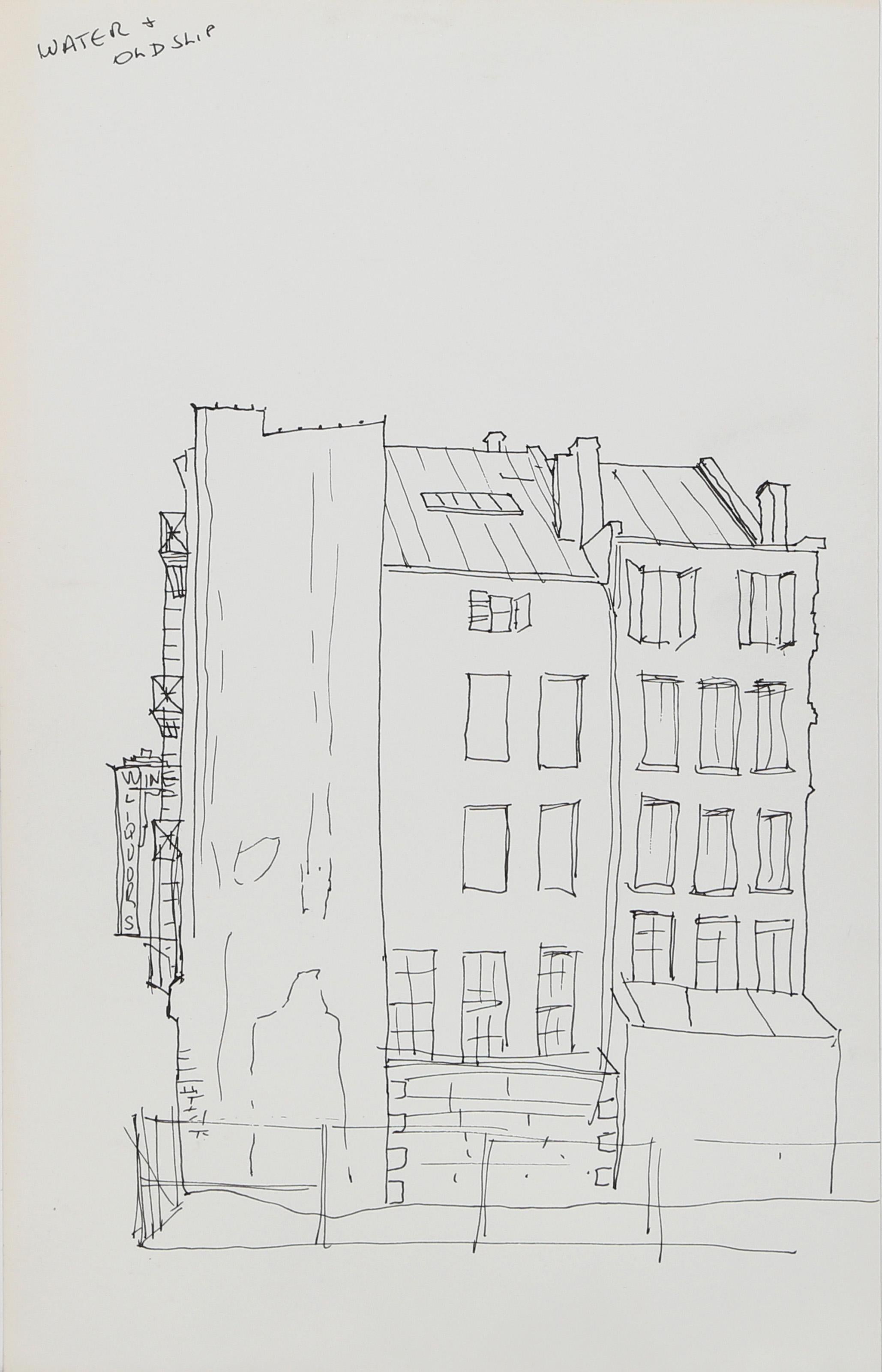  Eve Nethercott, Amerikanerin (1925 - 2015) -  Wasser und alter Slip (P2.68), Jahr:  ca. 1960, Medium:  Tinte auf Papier, Größe:  11  x 7 in. (27.94  x 17,78 cm), Beschreibung:  Diese Tuschezeichnung von Eve Nethercott zeigt mehrere Gebäude in der