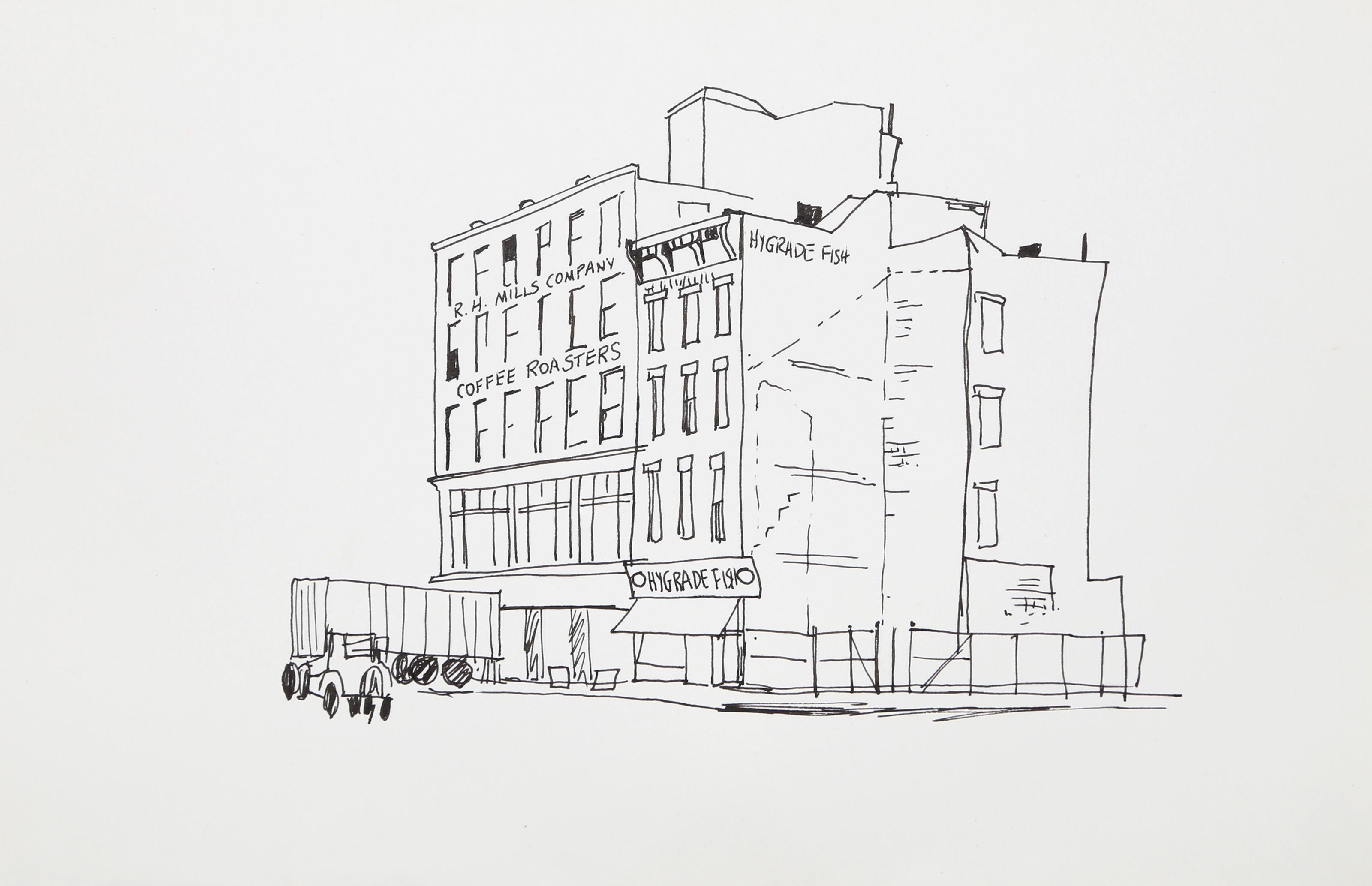  Eve Nethercott, Amerikanerin (1925 - 2015) -  R.H. Mills Coffee Roasters (P2.69), Jahr:  ca. 1960, Medium:  Tinte auf Papier, Größe:  7  x 11 in. (17.78  x 27,94 cm), Beschreibung:  Eve Nethercotts lineare Tuschezeichnung des Originals von R.H. Das