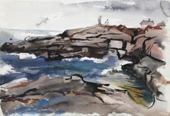 Rocky Seascape, impressionistisches Aquarell von Eve Nethercott