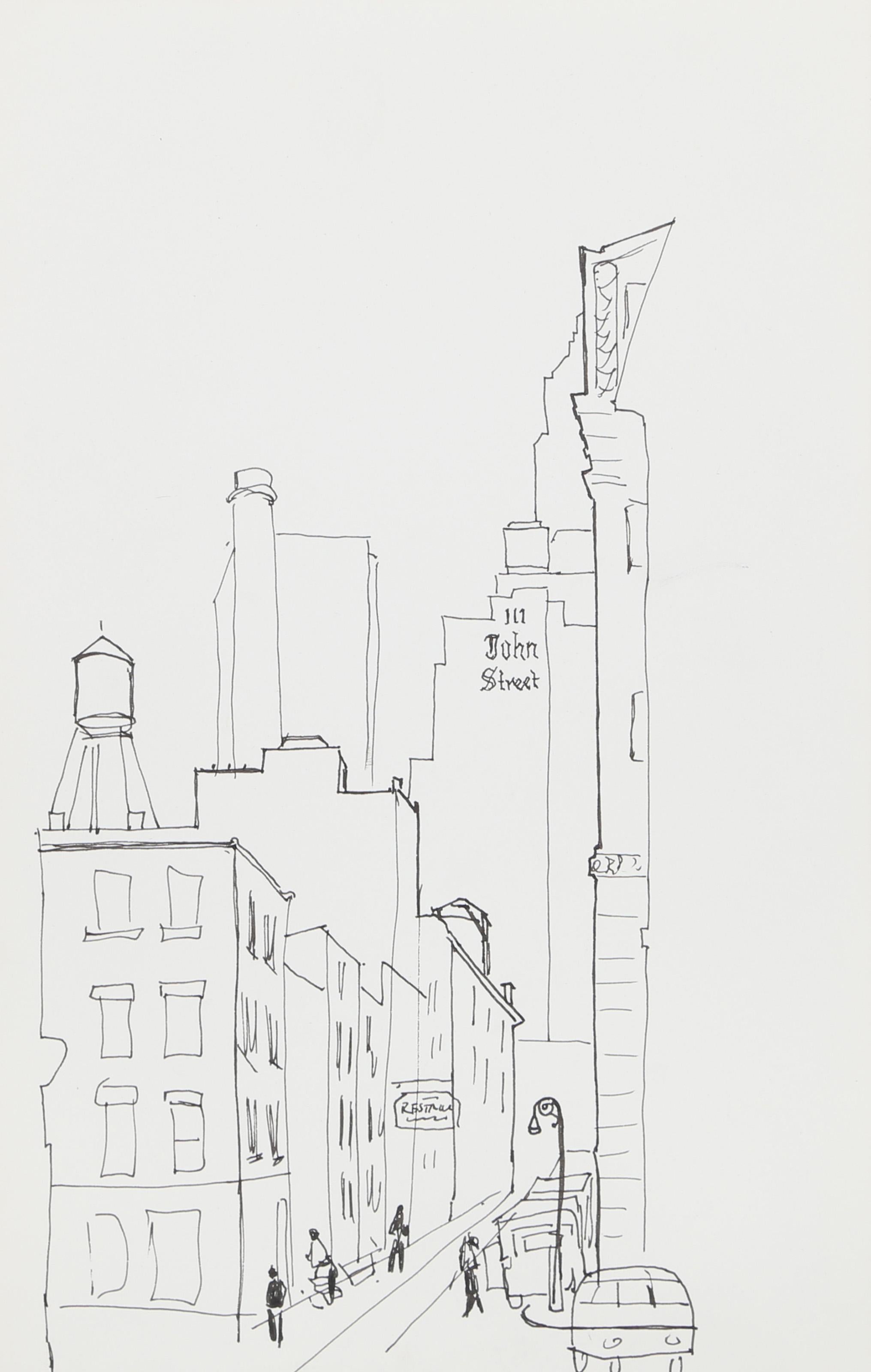  Eve Nethercott, Amerikanerin (1925 - 2015) -  John Street - Brooklyn (P2.70), Jahr:  ca. 1960, Medium:  Tinte auf Papier, Größe:  11  x 7 in. (27.94  x 17,78 cm), Beschreibung:  Eve Nethercotts Blick auf die nahe gelegene Kreuzung zeigt Fußgänger,