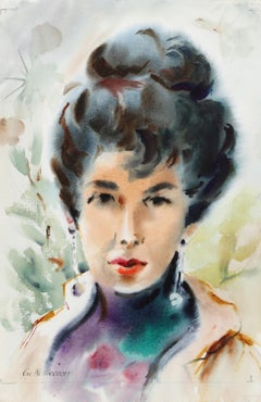 Portrait de femme avec des boucles d'oreilles, aquarelle impressionniste d'Eve Nethercott