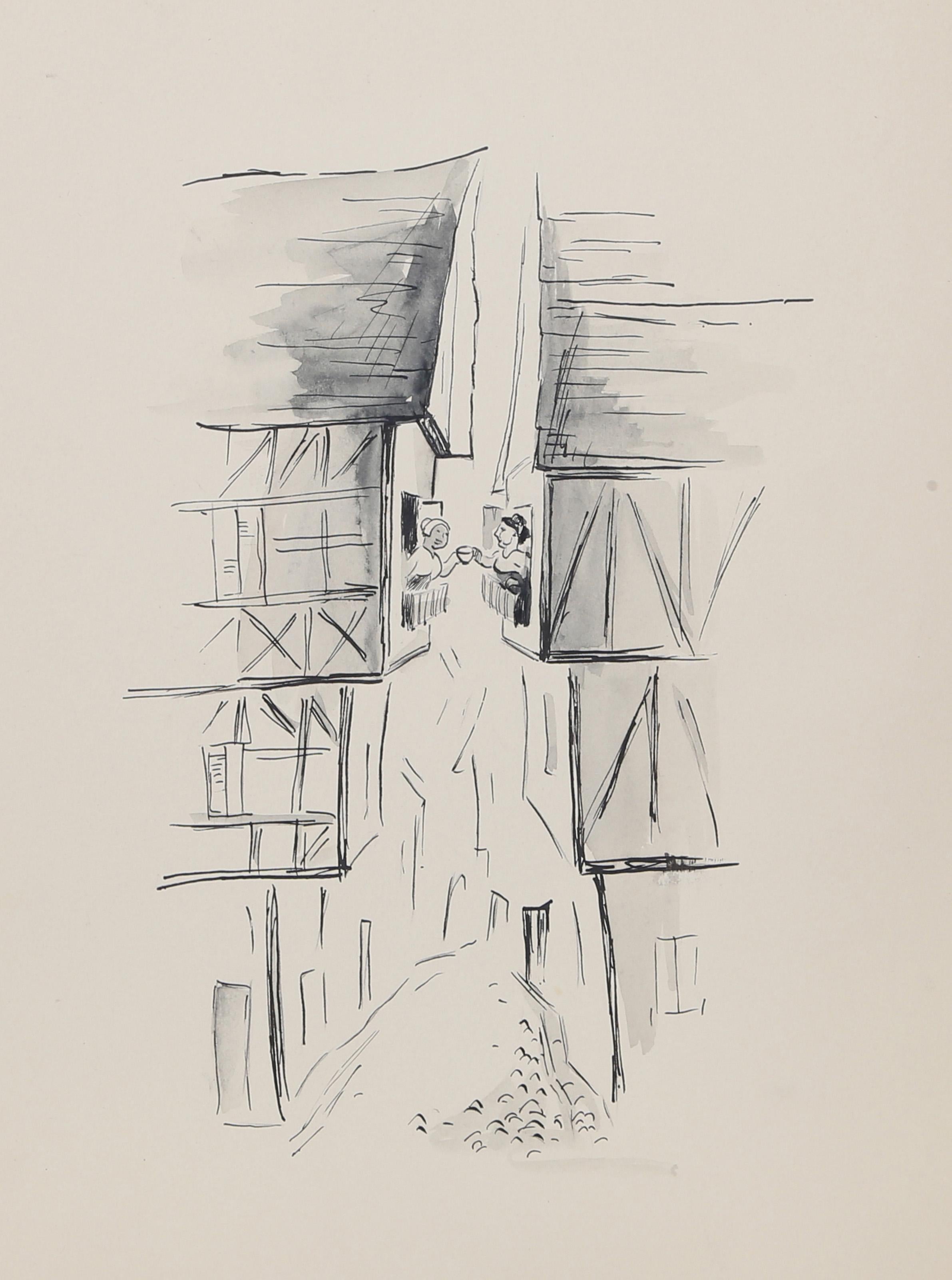  Eve Nethercott, estadounidense (1925 - 2015) -  Vecinos europeos (P2.71), Año:  hacia 1960, Medio:  Acuarela y tinta sobre papel, Tamaño de la imagen:  9 x 6 pulgadas, Tamaño:  14  x 11 pulg. (35,56  x 27,94 cm), Descripción:  Una acuarela única