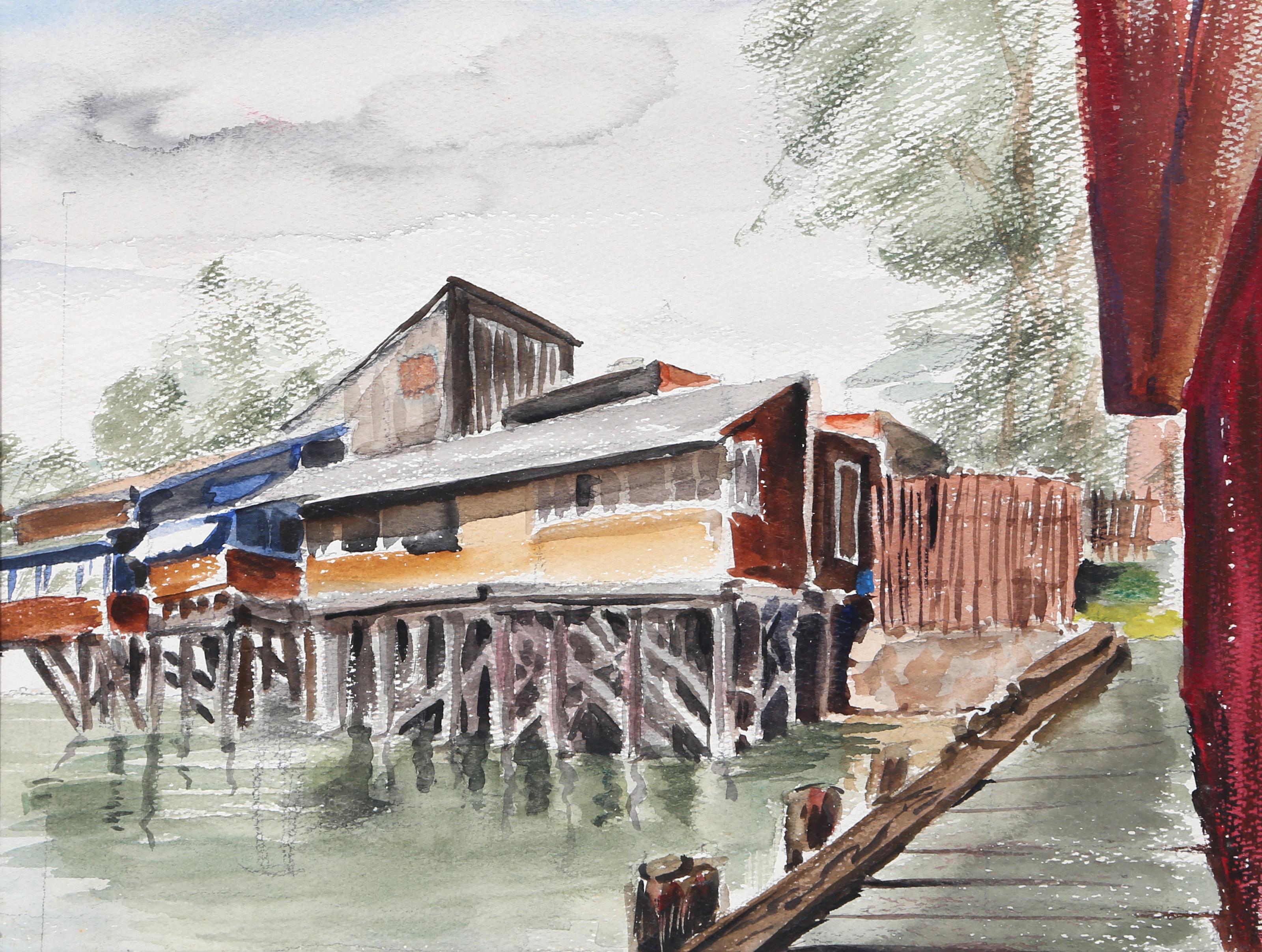  Eve Nethercott, estadounidense (1925 - 2015) -  Vista de la casa desde los muelles (P2.60), Año:  1948, Medio:  Acuarela sobre papel, Tamaño de la imagen:  10 x 13 pulgadas, Tamaño:  11  x 15 in. (27.94  x 38,1 cm), Descripción:  Con vistas a los