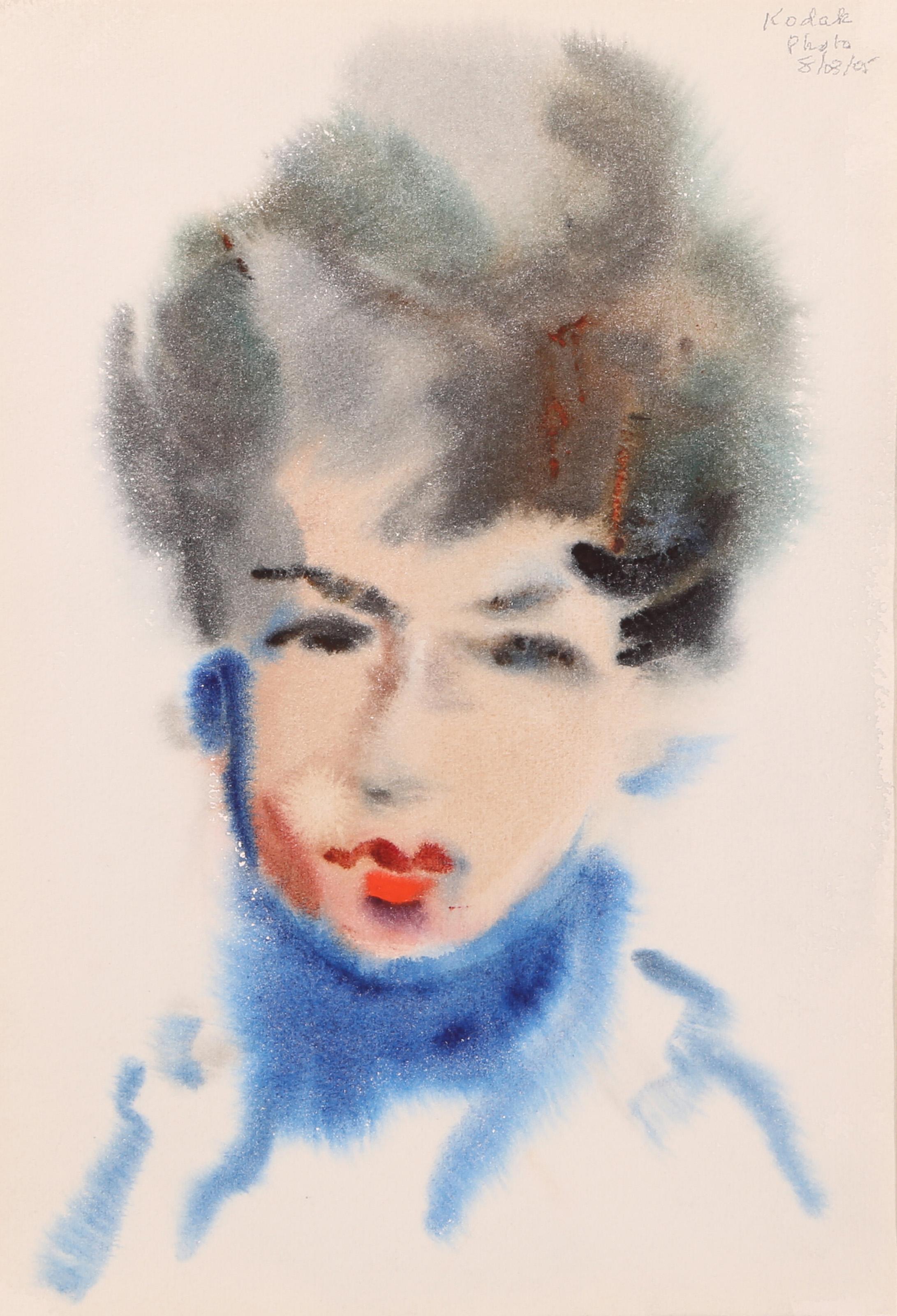  Eve Nethercott, Americana (1925 - 2015) -  Ritratto di donna con dolcevita blu (P2.61), Anno:  1960 circa, Medio:  Acquerello su carta, Dimensioni immagine:  14,5 x 10 pollici, Dimensioni:  15  x 11 in. (38.1  x 27,94 cm), Descrizione:  Di fronte