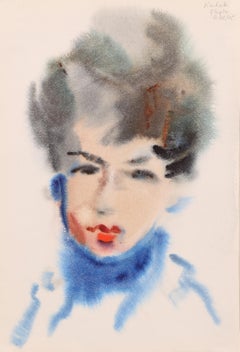Ritratto di donna con dolcevita blu, acquerello impressionista di Eve Nethercott