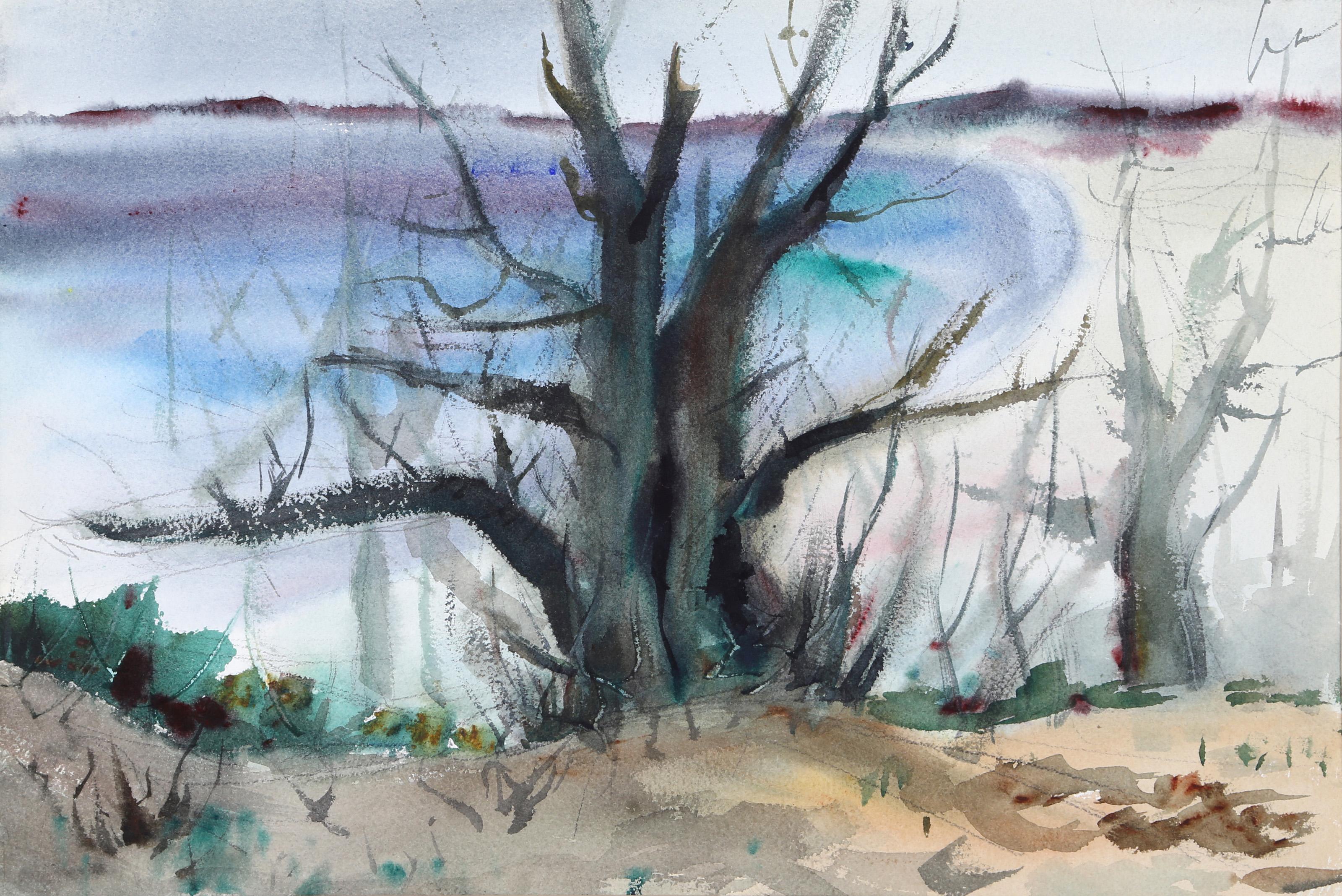  Eve Nethercott, American (1925 - 2015) -  Bare Tree by Beach (P2.37), Year:  1960, Medium:  Watercolor on Paper, Image Size:  14.5 x 21.5 inches, Size:  15  x 22 in. (38.1  x 55.88 cm), Description:  Rising out of the sand at the water's edge, the