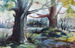 Zwei Bäume, impressionistisches Aquarell von Eve Nethercott