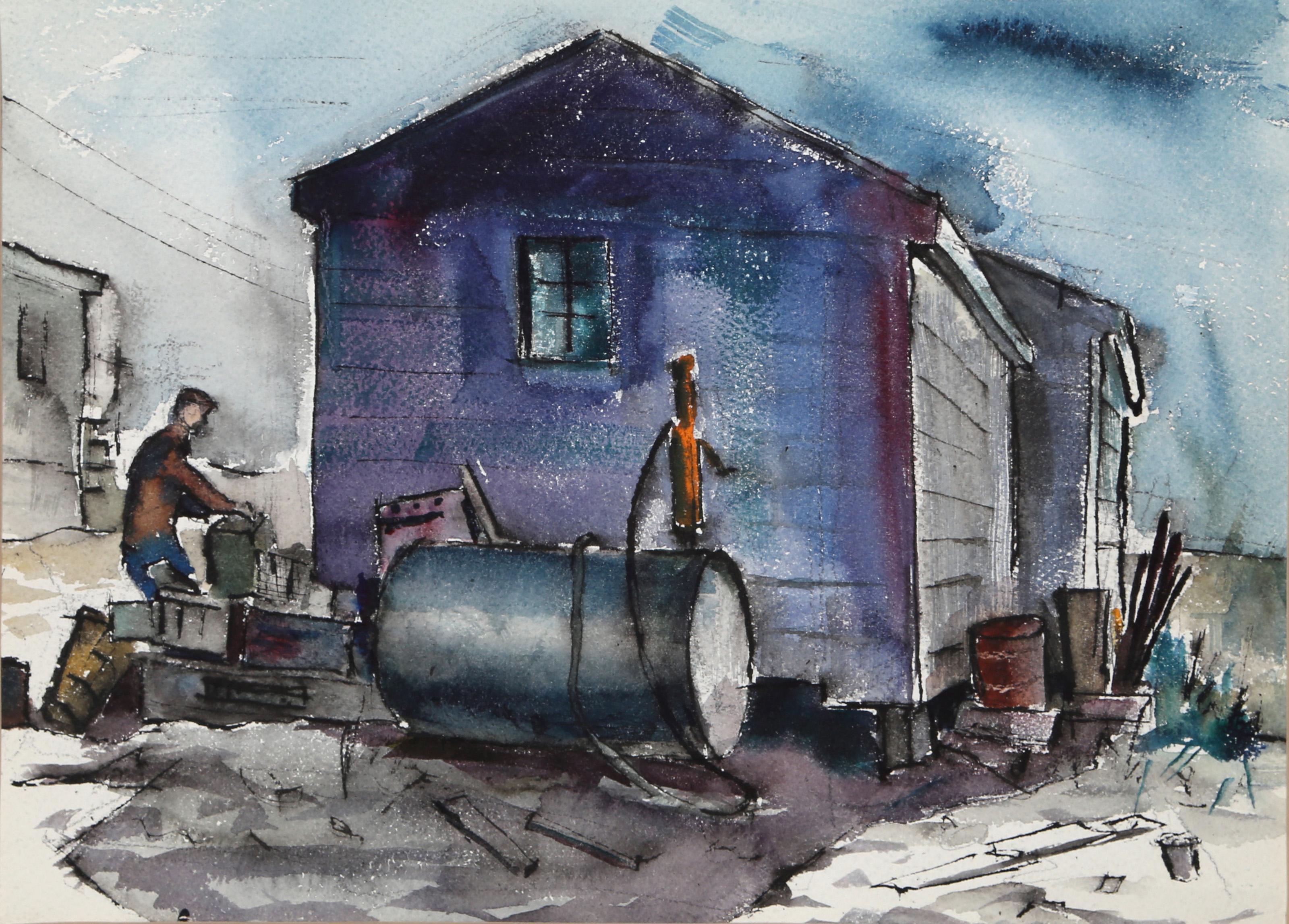  Eve Nethercott, estadounidense (1925 - 2015) -  Vista del patio trasero de Maine (P2.63), Año:  1958, Medio:  Acuarela sobre papel, Tamaño de la imagen:  10,5 x 14 pulgadas, Tamaño:  11  x 15 in. (27.94  x 38,1 cm), Descripción:  La brumosa