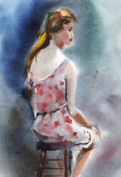 Portrait de femme assise, aquarelle impressionniste d'Eve Nethercott