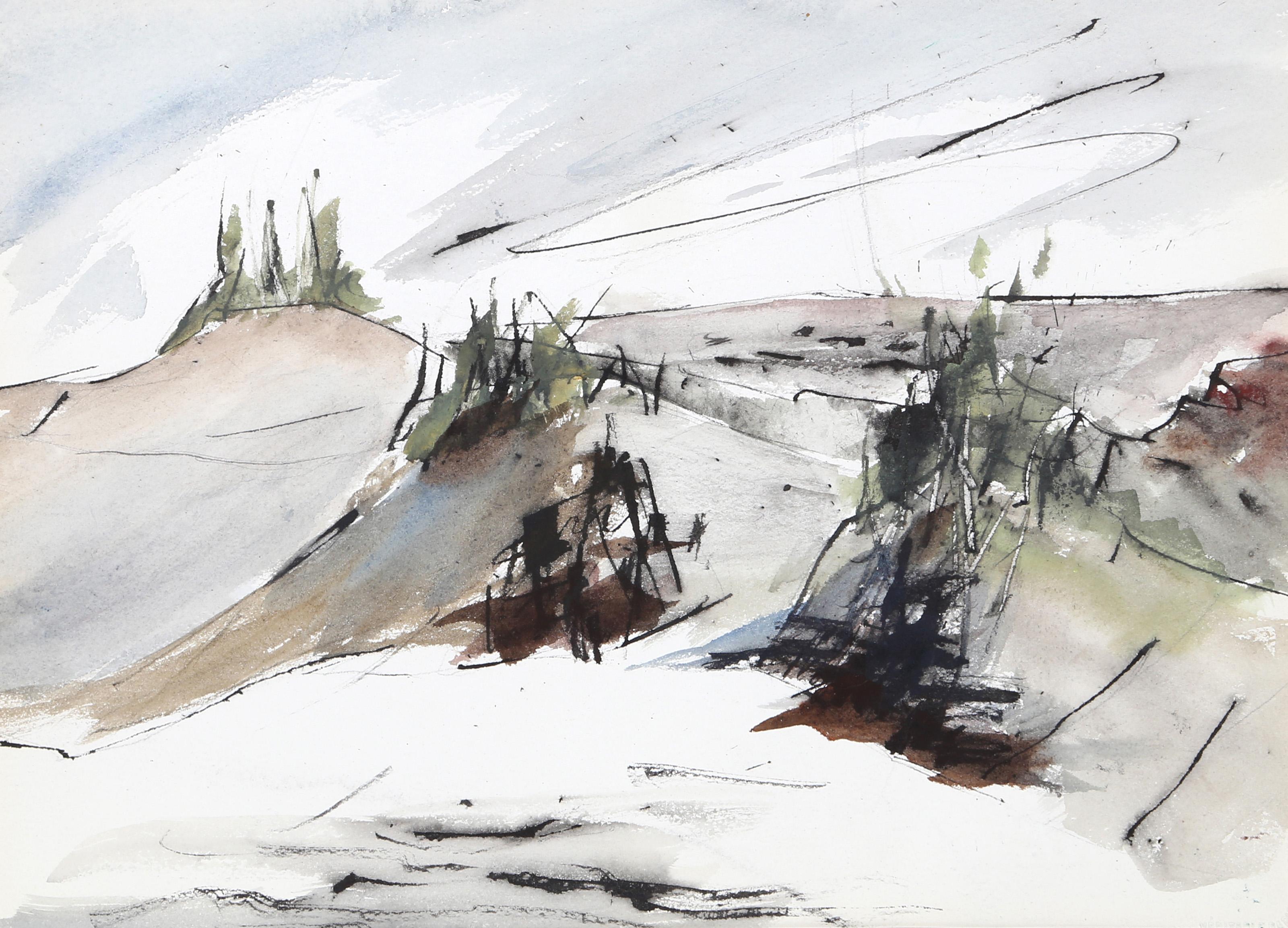  Eve Nethercott, estadounidense (1925 - 2015) -  Paisaje de playa (P2.66), Año:  1958, Medio:  Acuarela sobre papel, Tamaño de la imagen:  10,5 x 14 pulgadas, Tamaño:  11  x 15 in. (27.94  x 38,1 cm), Descripción:  Esta acuarela, un tema típico del