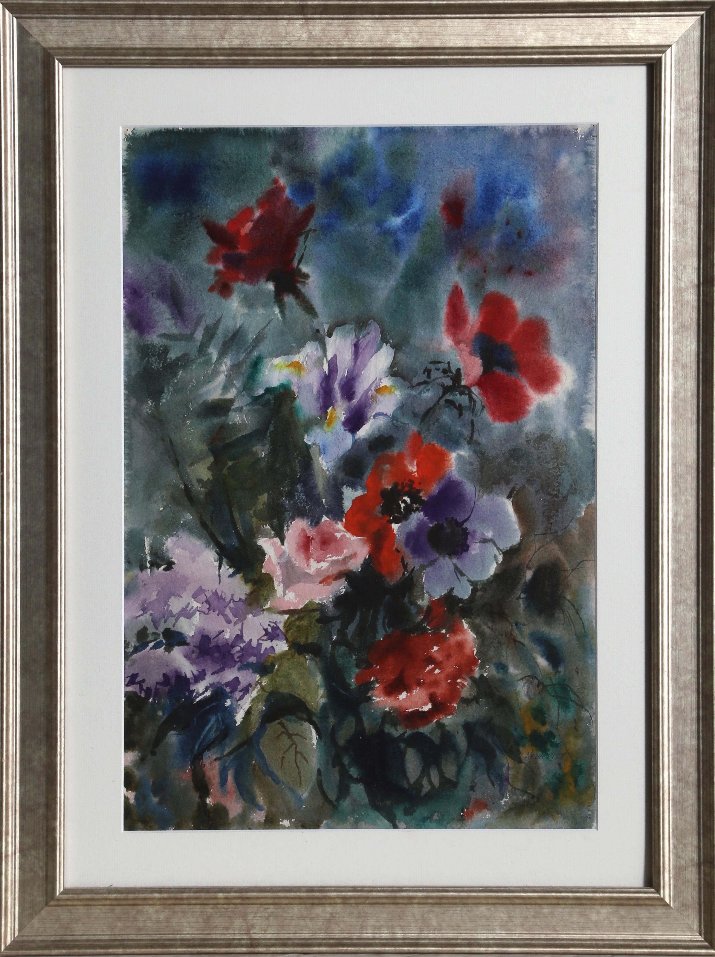  Eve Nethercott, estadounidense (1925 - 2015) -  Amapolas y Rosas (P2.42), Año:  1960, Medio:  Acuarela sobre papel, firmada a la derecha, Tamaño de la imagen:  19 x 13,5 pulgadas, Tamaño:  22.5  x 16 pulg. (57,15  x 40,64 cm), Tamaño del marco: 