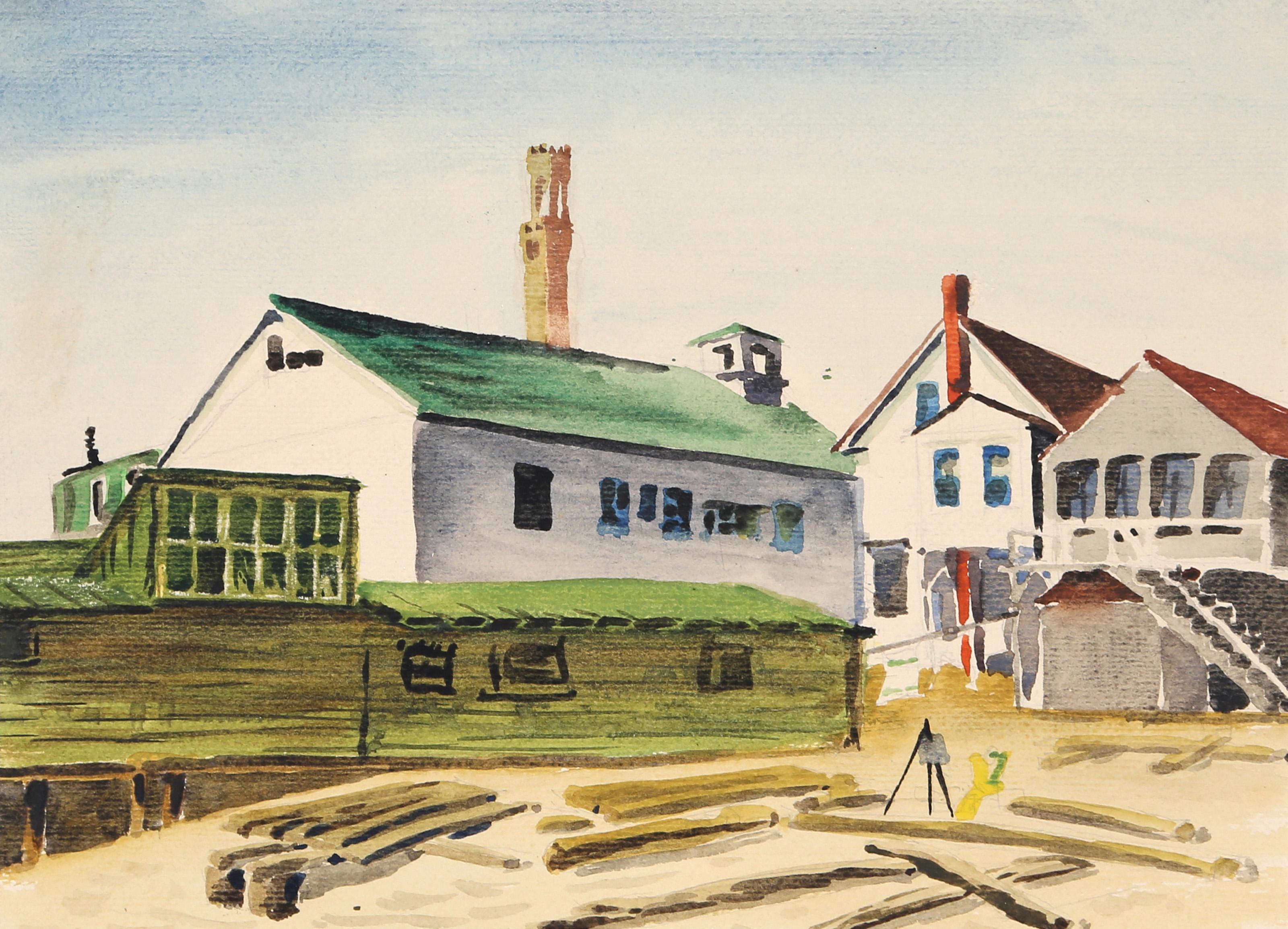  Eve Nethercott, Amerikanerin (1925 - 2015) -  Staffelei eines Künstlers in der Townes am Strand (P2.54), Jahr:  1947, Medium:  Aquarell auf Papier, Bildgröße:  8 x 11 Zoll, Größe:  9  x 12 in. (22.86  x 30,48 cm), Beschreibung:  Eve Nethercotts