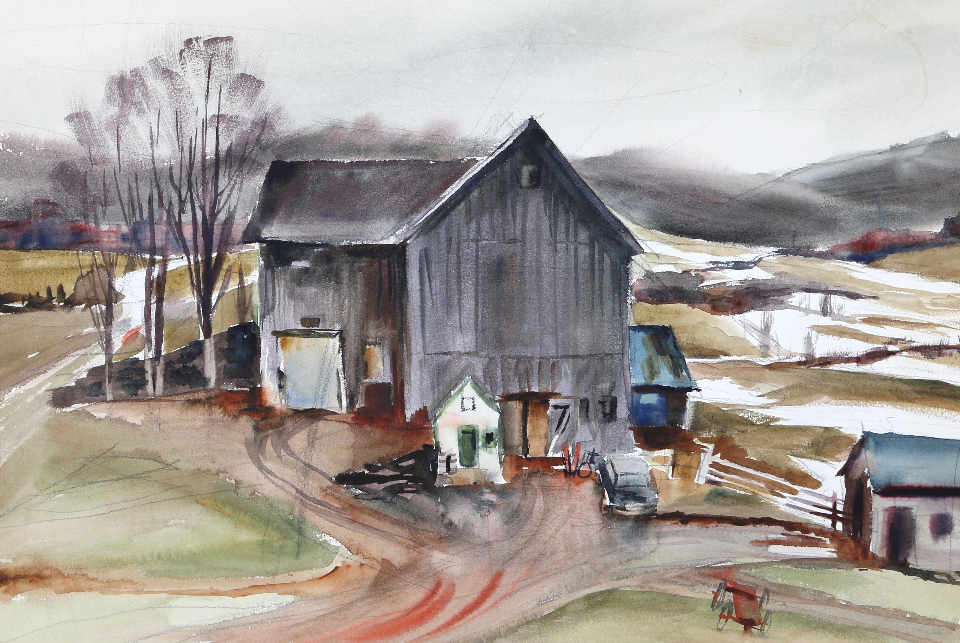  Eve Nethercott, estadounidense (1925 - 2015) -  Granero grande (P2.44), Año:  1961, Medio:  Acuarela sobre papel, Tamaño de la imagen:  13,5 x 20 pulgadas, Tamaño:  15  x 22 pulg. (38,1  x 55,88 cm), Descripción:  Rodeado de colinas cubiertas de