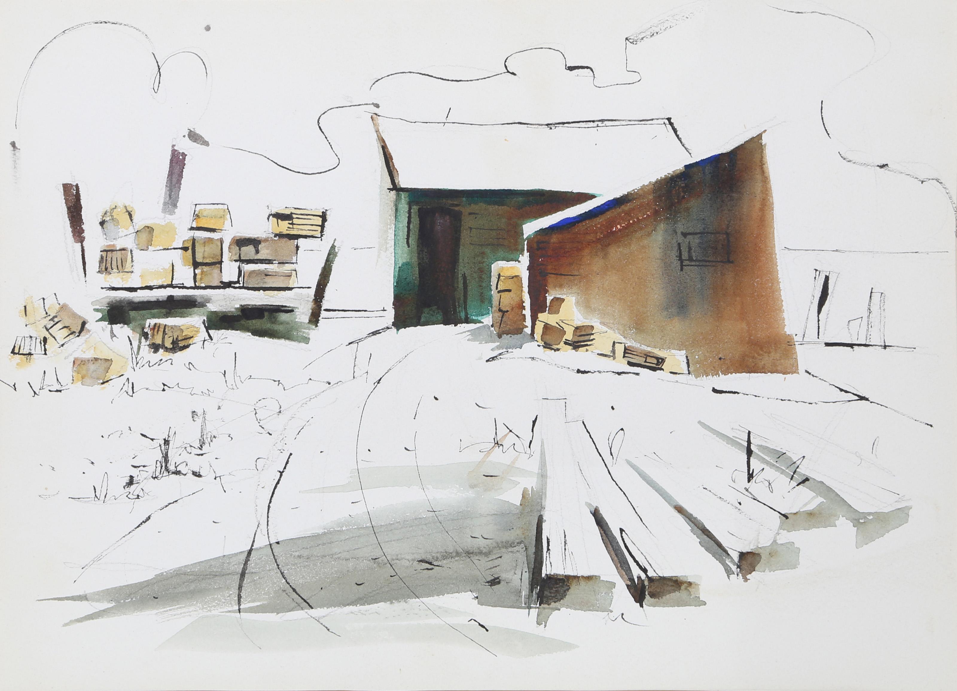  Eve Nethercott, Amerikanerin (1925 - 2015) -  Studie zum Holzlagerplatz (P2.56), Jahr:  ca. 1960, Medium:  Aquarell auf Papier, Bildgröße:  10,5 x 14,5 Zoll, Größe:  11  x 15 in. (27.94  x 38,1 cm), Beschreibung:  Das winterliche