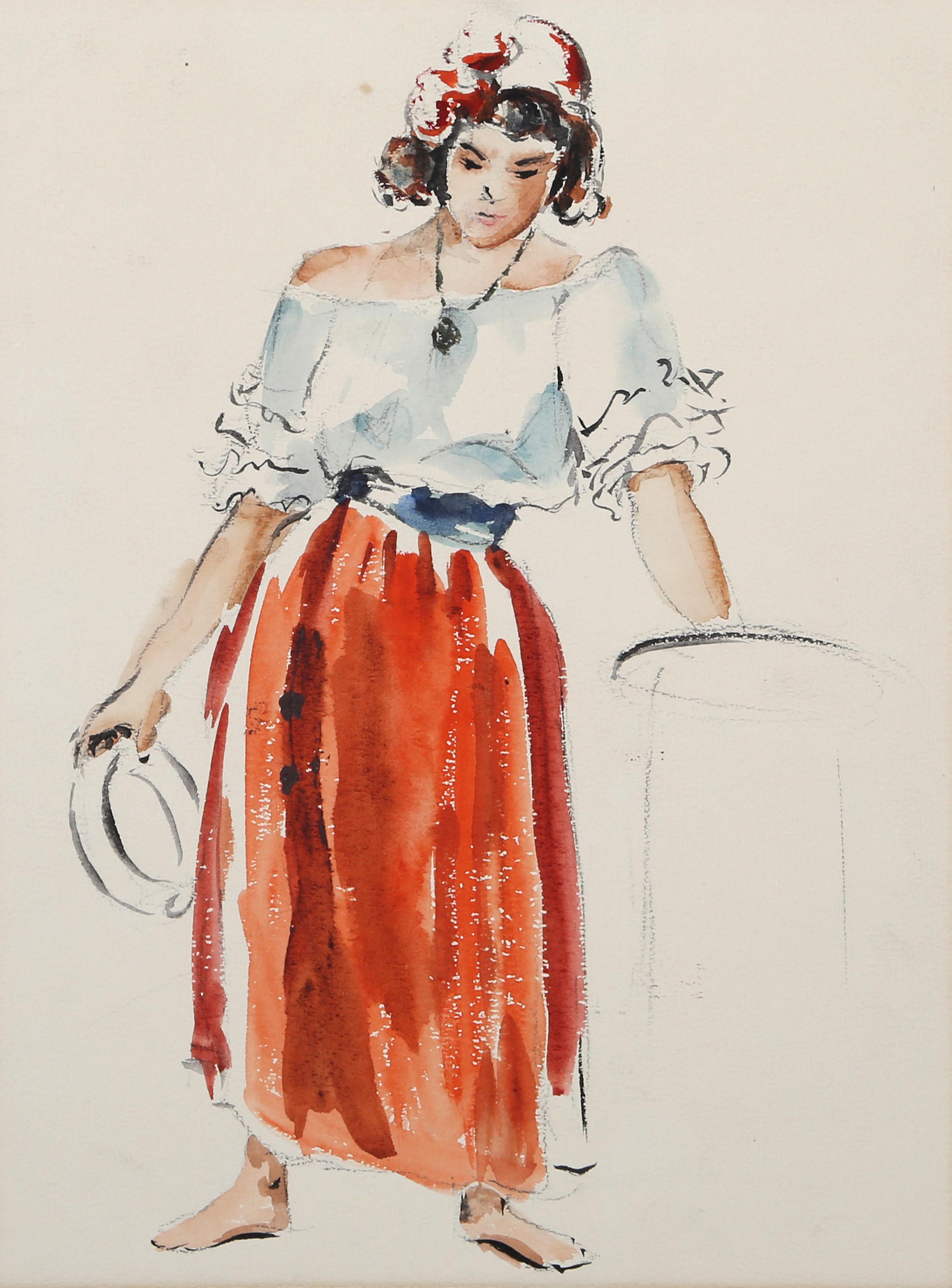  Eve Nethercott, Amerikanerin (1925 - 2015) -  Frau mit Tamburin (P2.57), Jahr:  ca. 1960, Medium:  Aquarell auf Papier, Bildgröße:  12 x 9 Zoll, Größe:  13  x 9.75 in. (33.02  x 24,77 cm), Beschreibung:  Die Frau auf diesem Aquarell von Eve