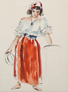 Femme au tambourin, aquarelle impressionniste d'Eve Nethercott