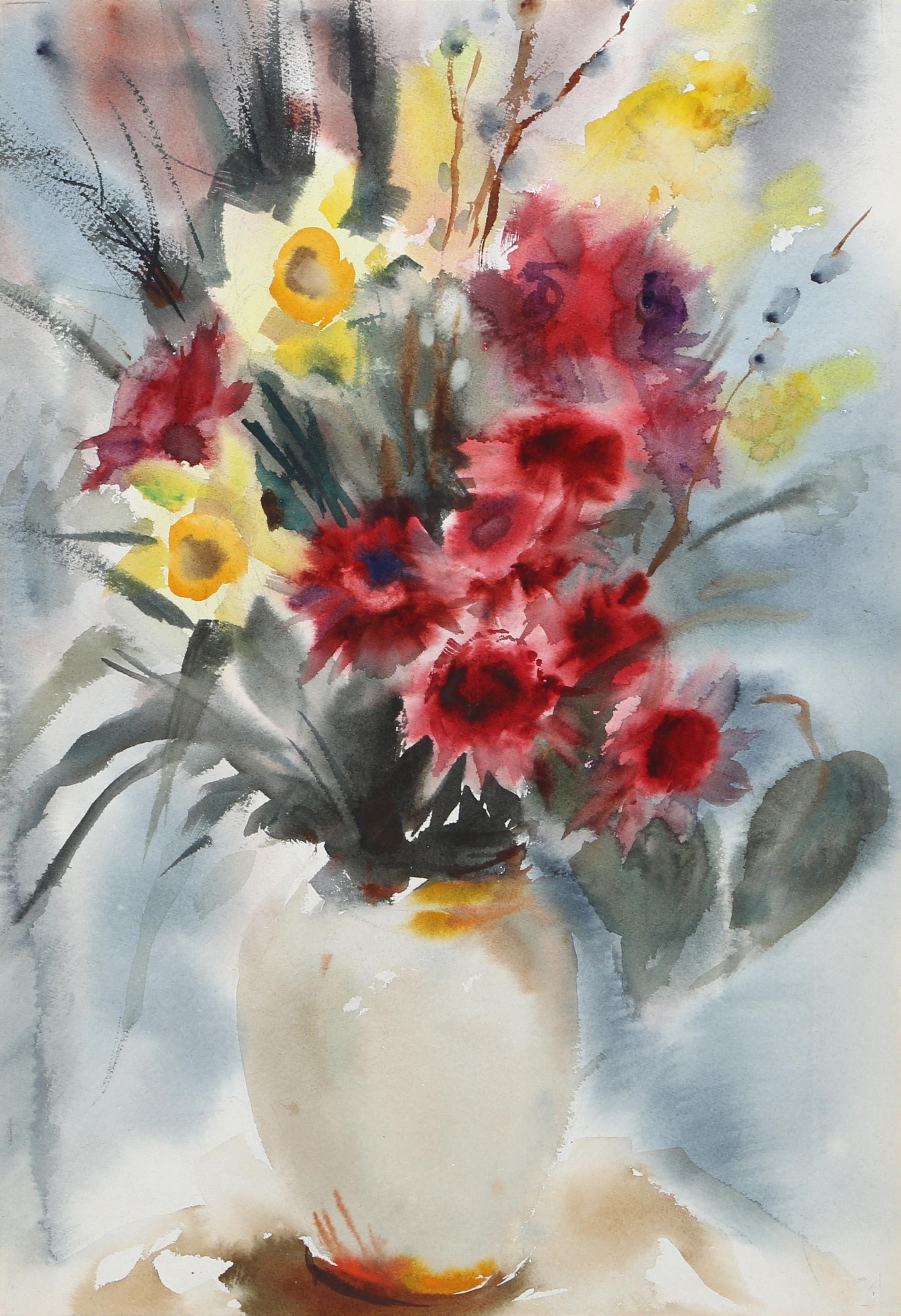  Eve Nethercott, American (1925 - 2015) -  White Vase of Flowers (P2.47), Year:  1960, Medium:  Watercolor on Paper, Image Size:  19 x 13 inches, Size:  22.5  x 15 in. (57.15  x 38.1 cm), Description:  Burstling with yellow and red daffodils in