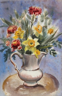 Vase mit Frühlingsblumen, impressionistisches Aquarell von Eve Nethercott
