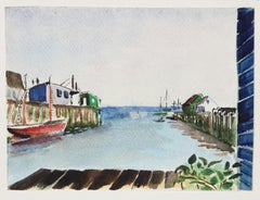 Blick von den Docks, impressionistisches Aquarell von Eve Nethercott
