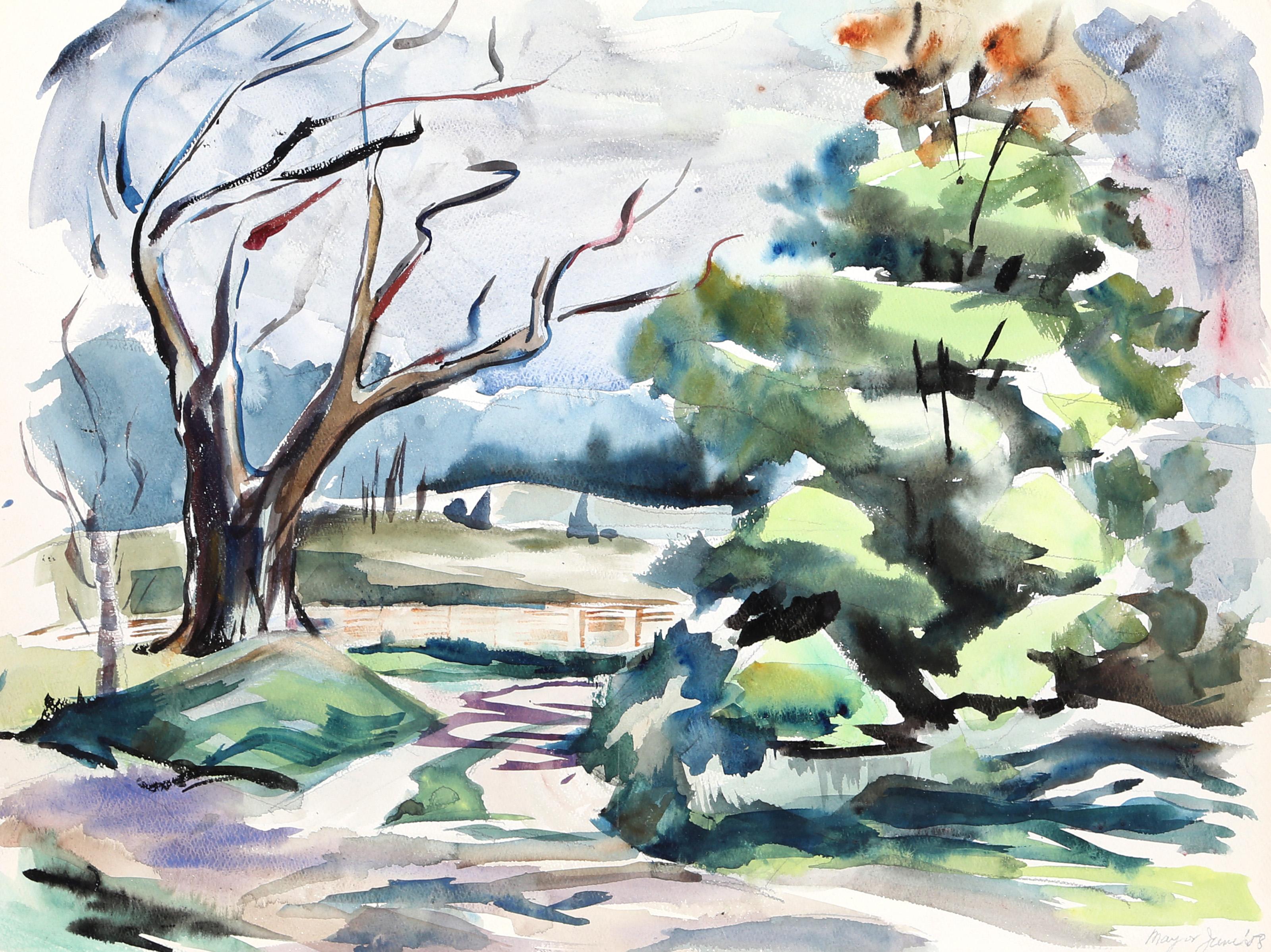  Eve Nethercott, estadounidense (1925 - 2015) -  Paisaje arbolado (P3.1), Año:  1958, Medio:  Acuarela sobre papel, Tamaño:  18  x 23.5 in. (45.72  x 59,69 cm), Descripción:  Asomándose al paisaje boscoso, la acuarela de Eve Nethercott presenta unos