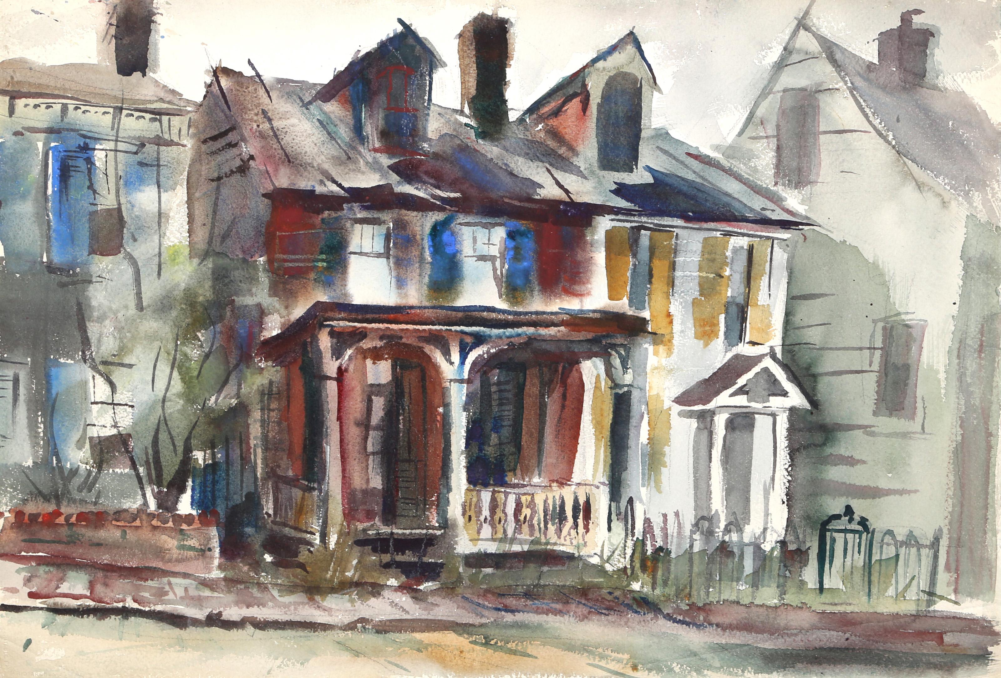  Eve Nethercott, estadounidense (1925 - 2015) -  Casas antiguas (P3.6), Año:  hacia 1960, Medio:  Acuarela sobre papel, Tamaño:  15  x 21.5 in. (38.1  x 54,61 cm), Descripción:  A lo largo de la calle, la representación de Eve Nethercott de dos