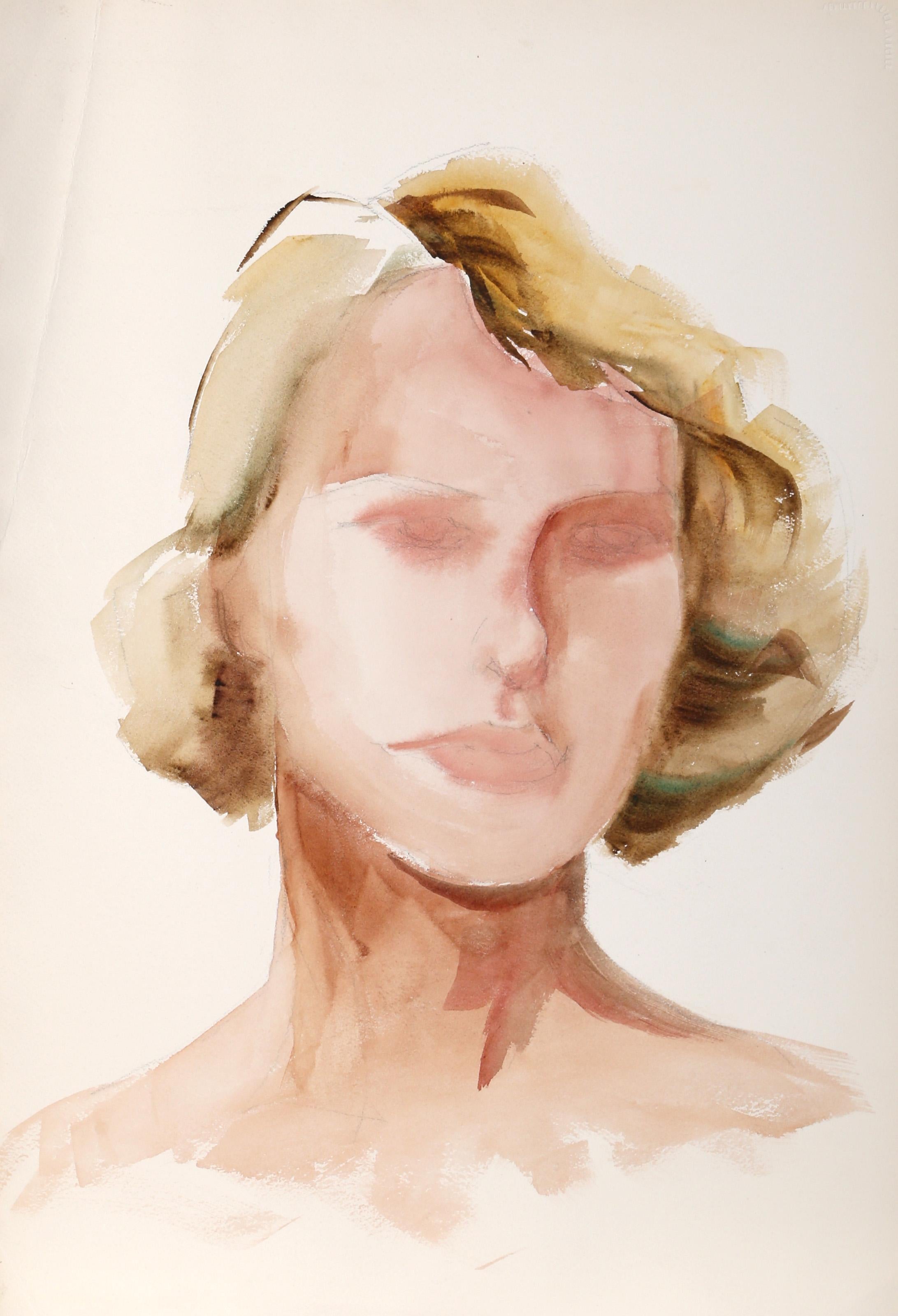  Eve Nethercott, Amerikanerin (1925 - 2015) -  Blonde Frau (P3.7), Jahr:  ca. 1960, Medium:  Aquarell auf Papier, Größe:  22  x 15 in. (55.88  x 38,1 cm), Beschreibung:  Dieses scheinbar unvollendete Porträt von Eve Nethercott ist einzigartig und