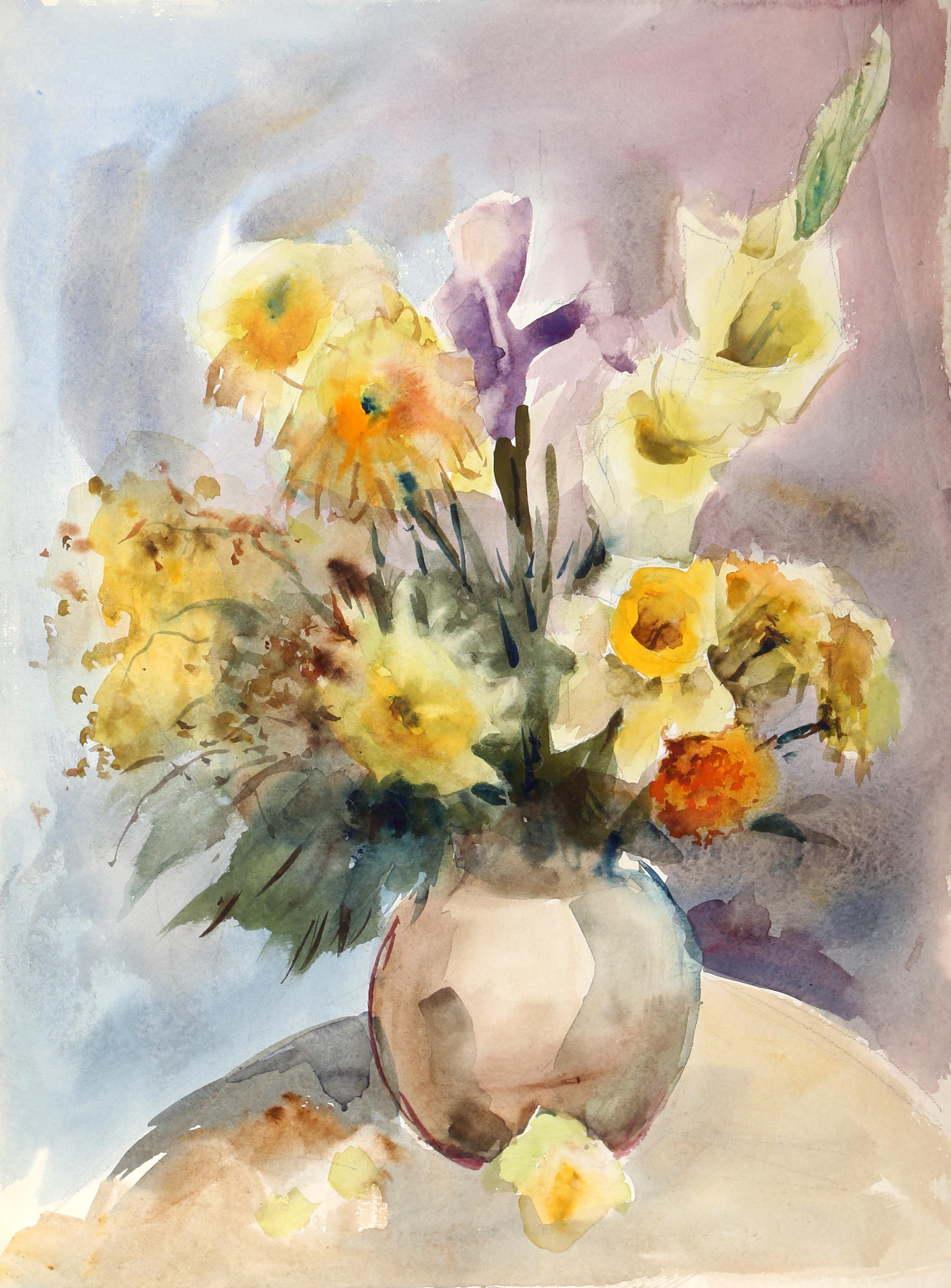  Eve Nethercott, Amerikanerin (1925 - 2015) -  Blumenvase (P3.8), Jahr:  1960, Medium:  Aquarell auf Papier, Größe:  22  x 15 in. (55.88  x 38,1 cm), Beschreibung:  Eve Nethercotts gekonnter Einsatz von Aquarellfarben trägt dazu bei, dass die gelben