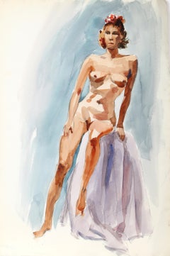 Standender Akt, impressionistisches Aquarell von Eve Nethercott