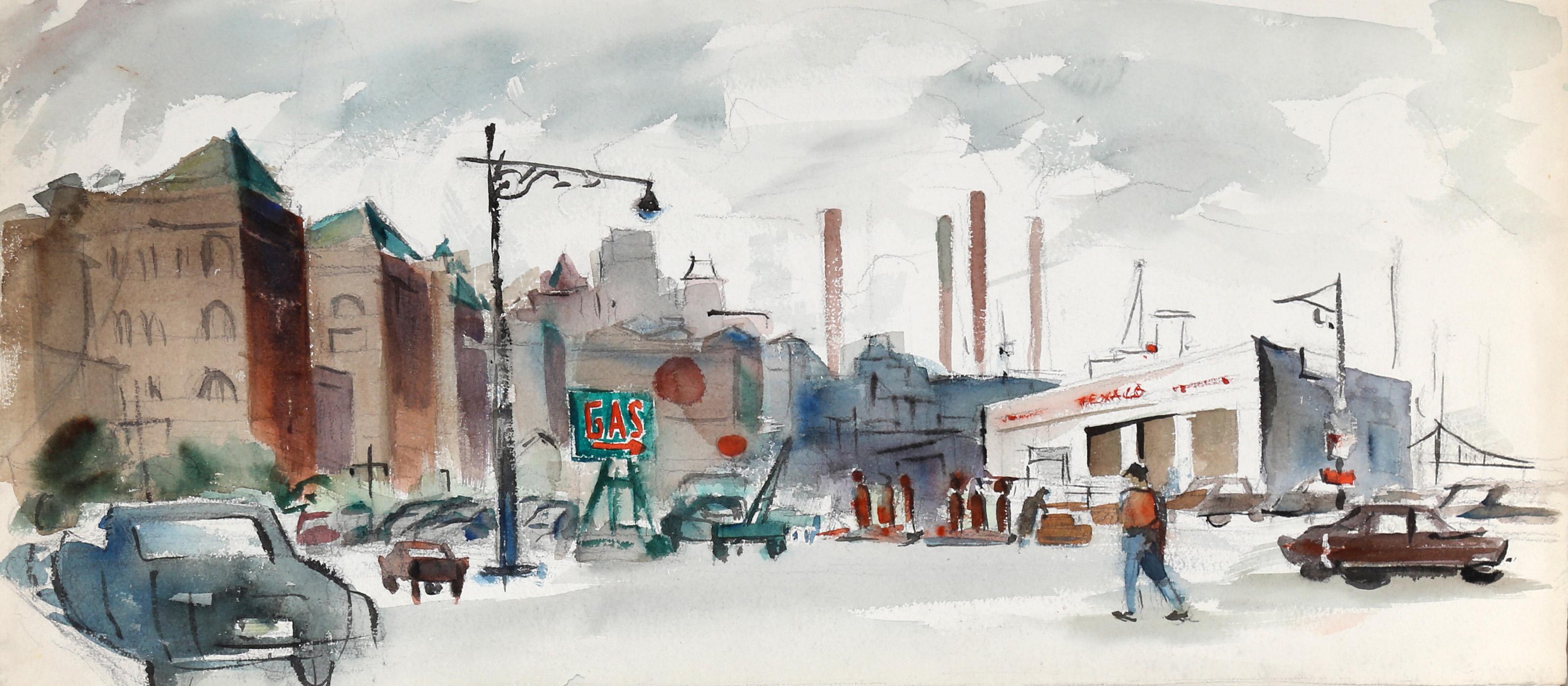  Eve Nethercott, estadounidense (1925 - 2015) -  Línea de gas (P3.10), Año:  hacia 1960, Medio:  Acuarela sobre papel, Tamaño:  10  x 23 in. (25.4  x 58,42 cm), Descripción:  Mirando hacia el aparcamiento, el paisaje de Eve Nethercott confiere