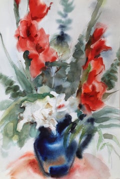Vase mit Blumen, impressionistisches Aquarell von Eve Nethercott