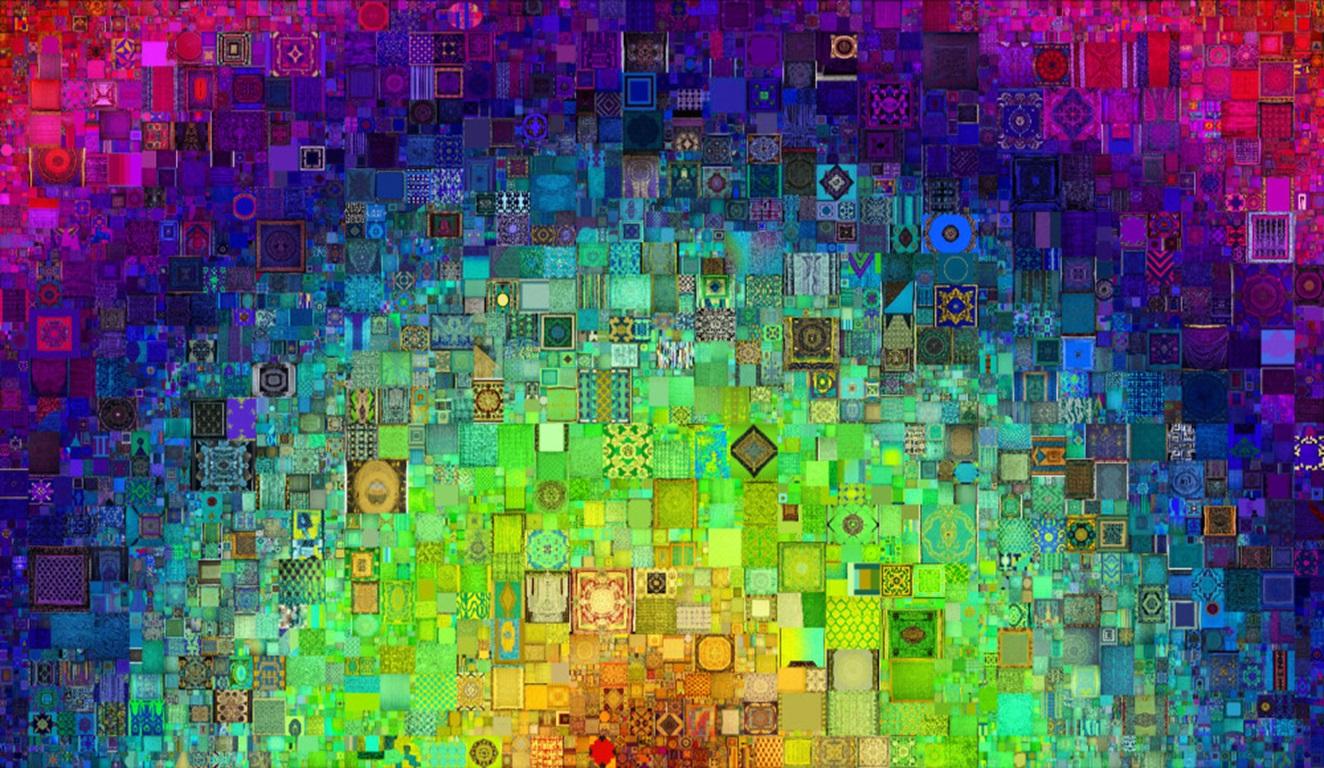 TODEM (Tapestry of Decadent Meritocracy), by Jason Salavon, 2023

Additional information:
Medium: Animation, website, AI, blockchain 
Dimensions:Entire work: 100K x 58K pixels (~2,800 HD screens or 5,800 megapixels), 10 seconds looped. Divided