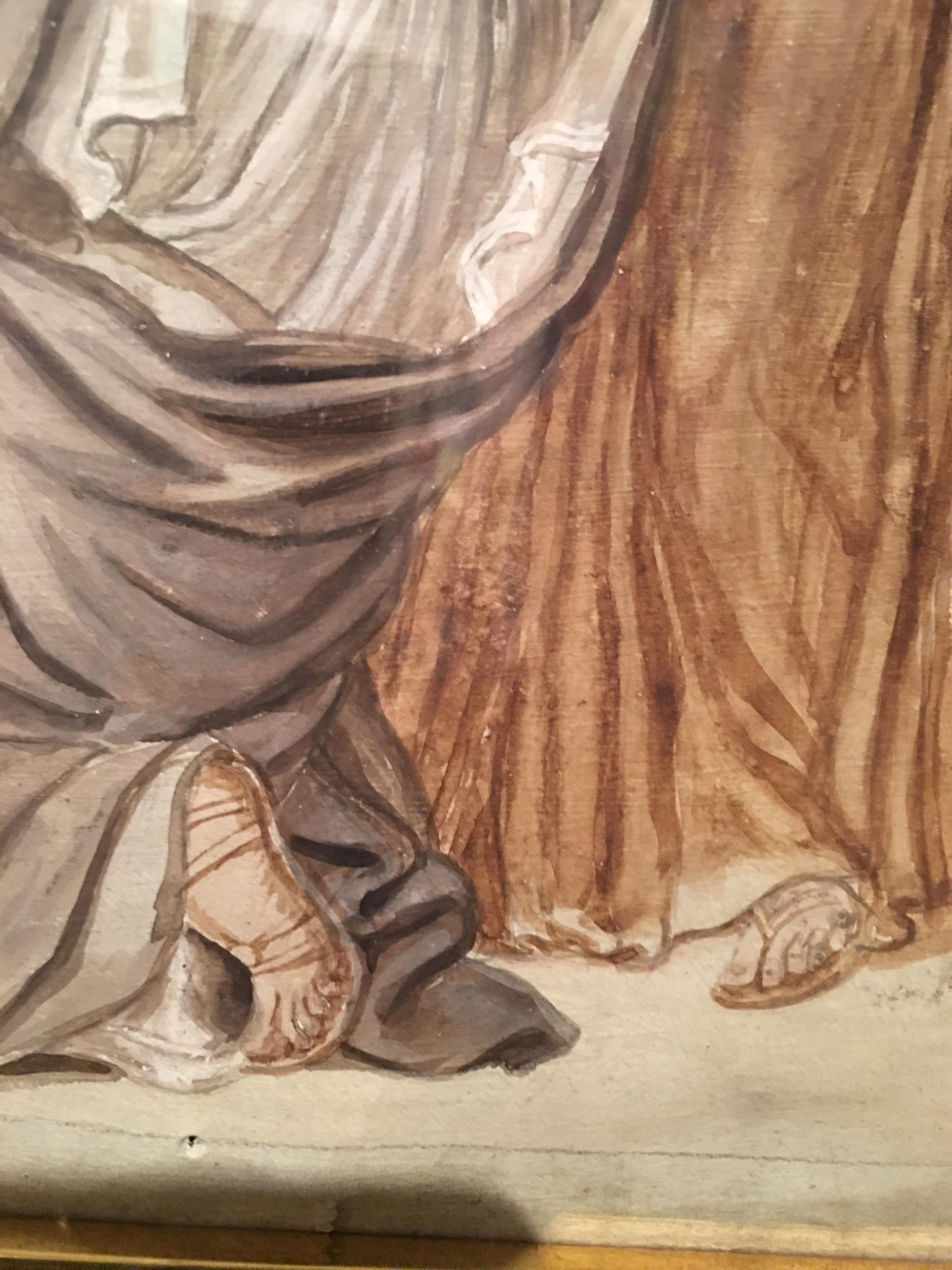 Dibujo de época a lápiz acuarelable de calco rojo con tema neoclásico.
Representa al Atilius Regulus partiendo hacia Cartago.
Atilio Régulo fue un estadista romano hecho prisionero durante la primera guerra púnica entre Roma y Cartago.
La escena,