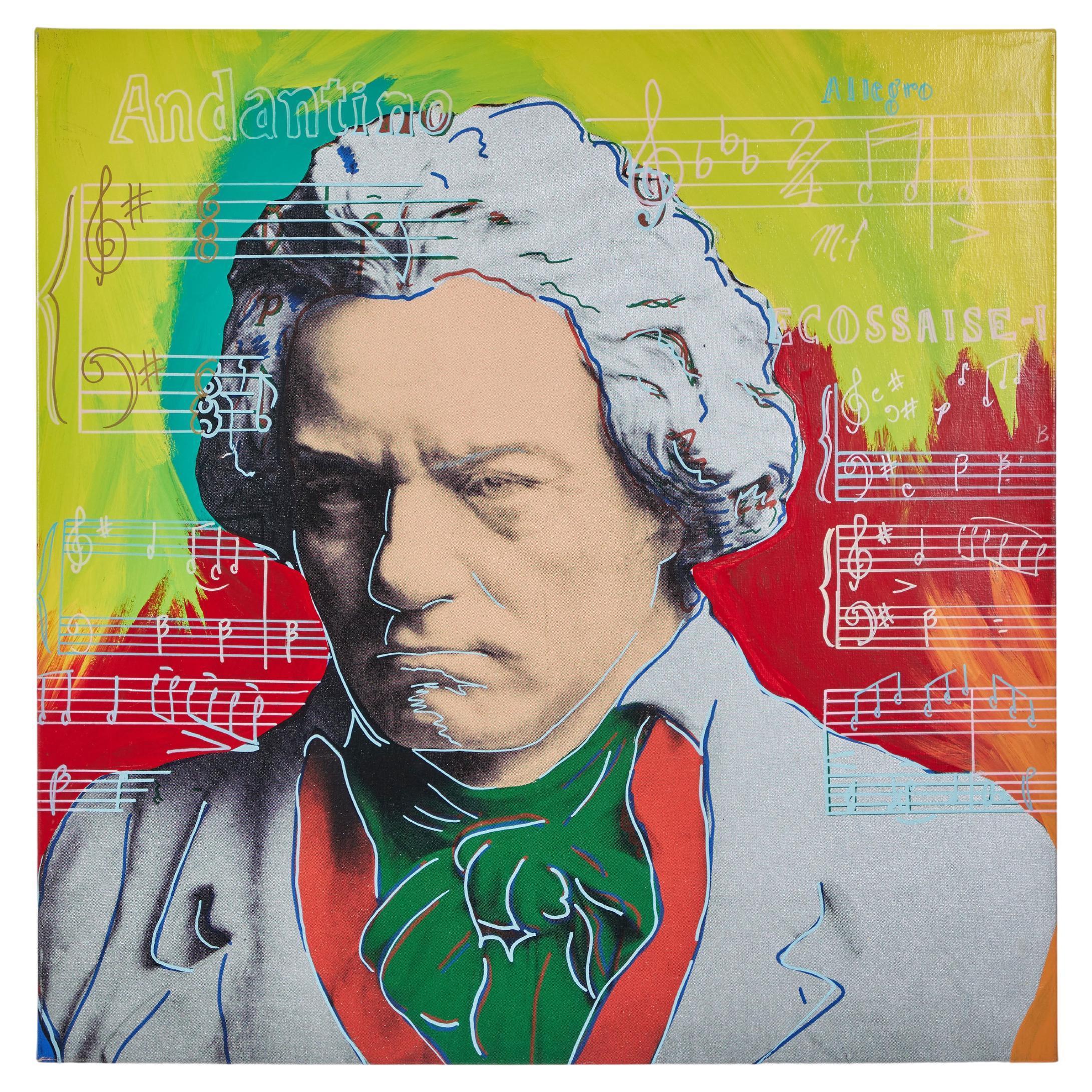 This is a wonderful screenprint on canvas with hand embellishment by Steve Kaufman. Once Andy Warhol's assistant, Steve Kaufman was a prominent pop artist in the 1980s-2000s. This Beethoven piece is from his "Homage to Genius" series. Kaufman chose