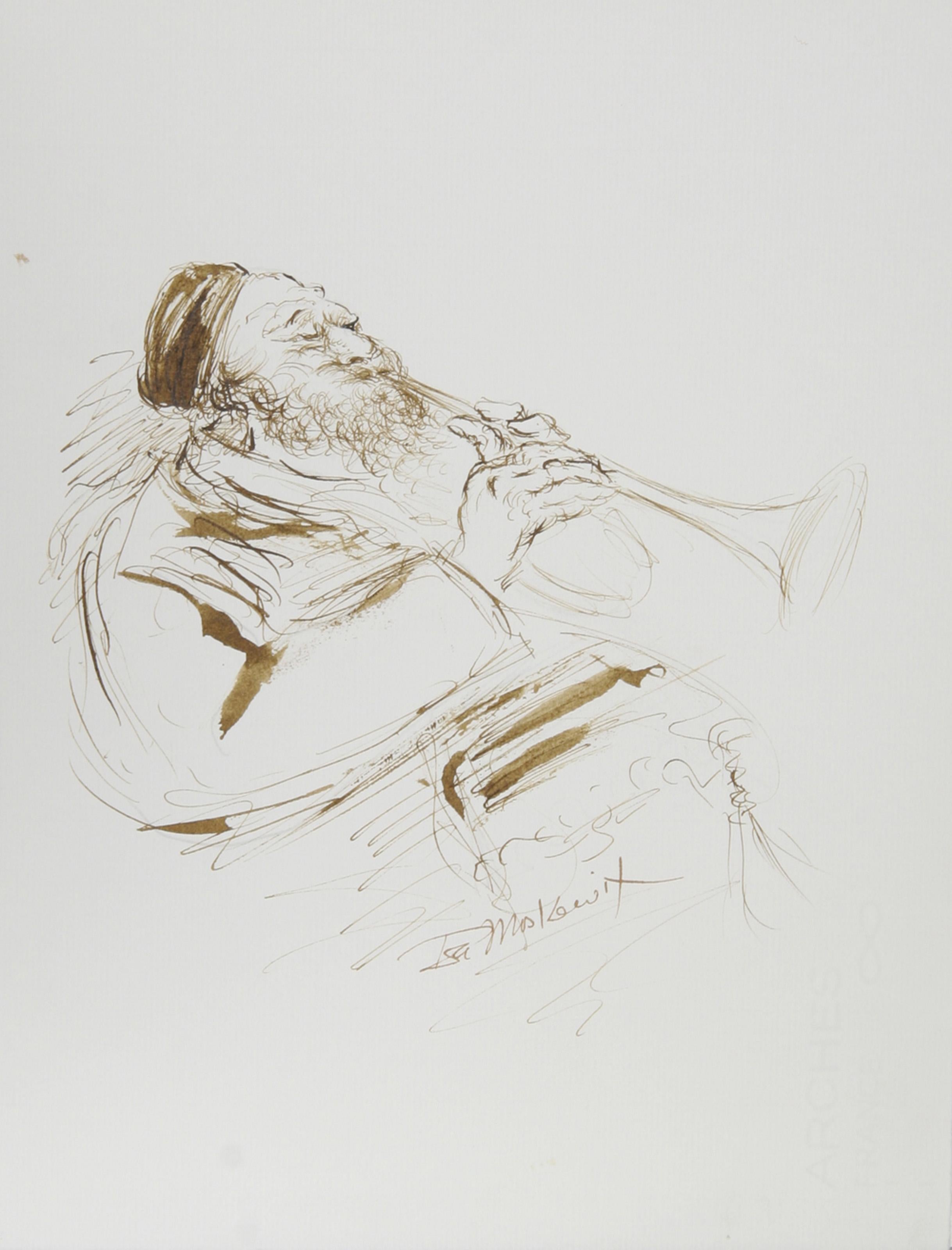 Horn Player - I, Folk Art Ink on Paper by Ira Moskowitz