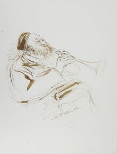Horn Player - I, Folk Art Ink on Paper by Ira Moskowitz