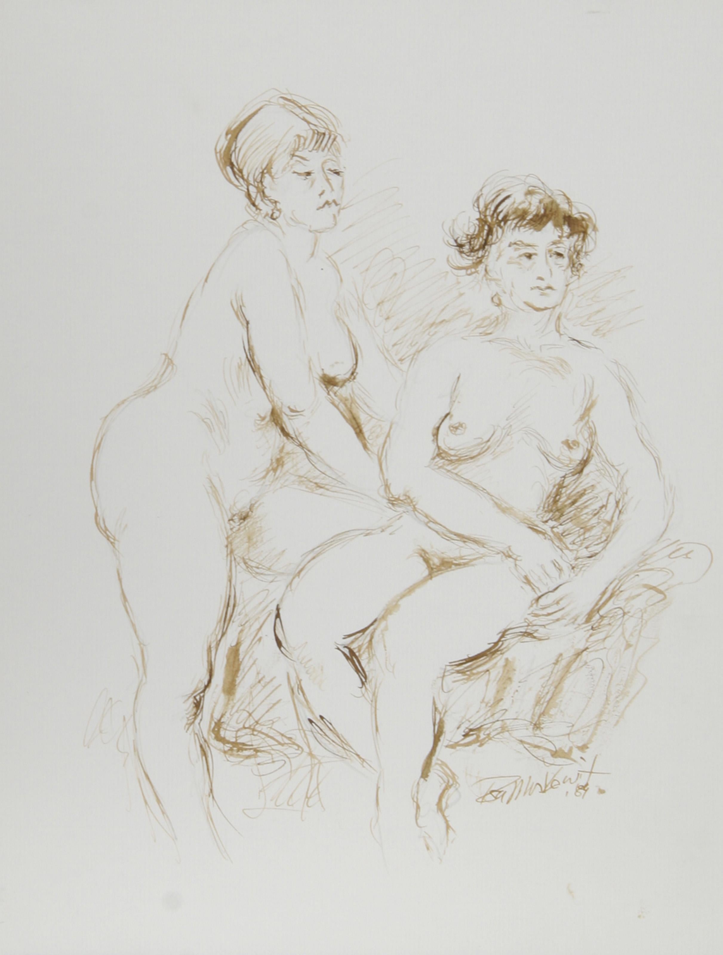 Two Nudes - II, Contemporary Ink on Paper by Ira Moskowitz