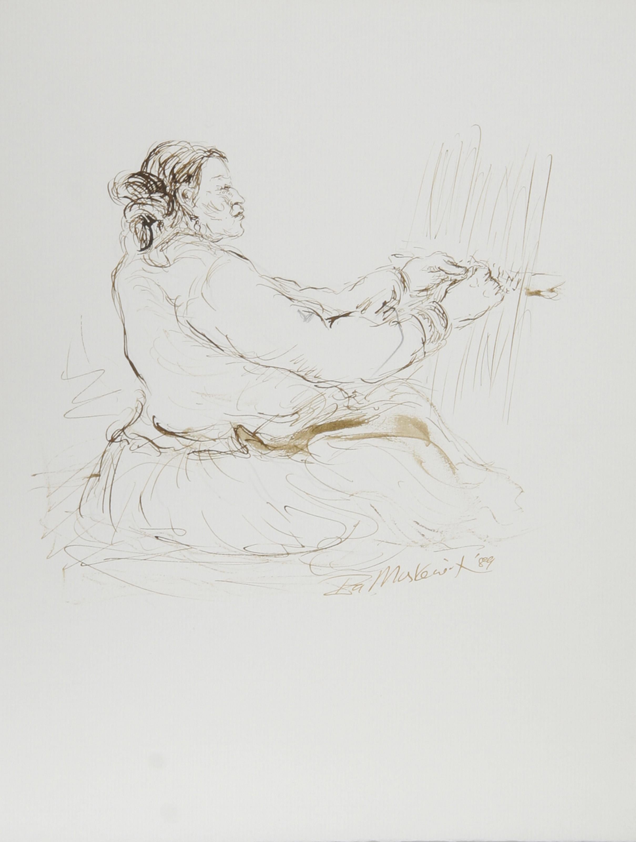  Ira Moskowitz, Polish/American (1912 - 2001) -  Native American Woman Weaving, Year: 1989, Medium: Ink on Paper, signed, Size: 13 in. x 10 in. (33.02 cm x 25.4 cm), Description: Sitting at the loom, the Native American woman focuses on her craft as