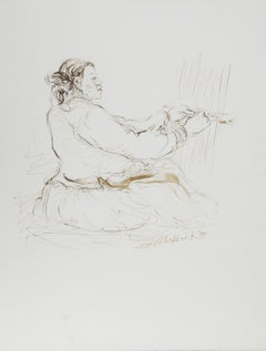 Femme amérindienne tissant, encre contemporaine sur papier par Ira Moskowitz