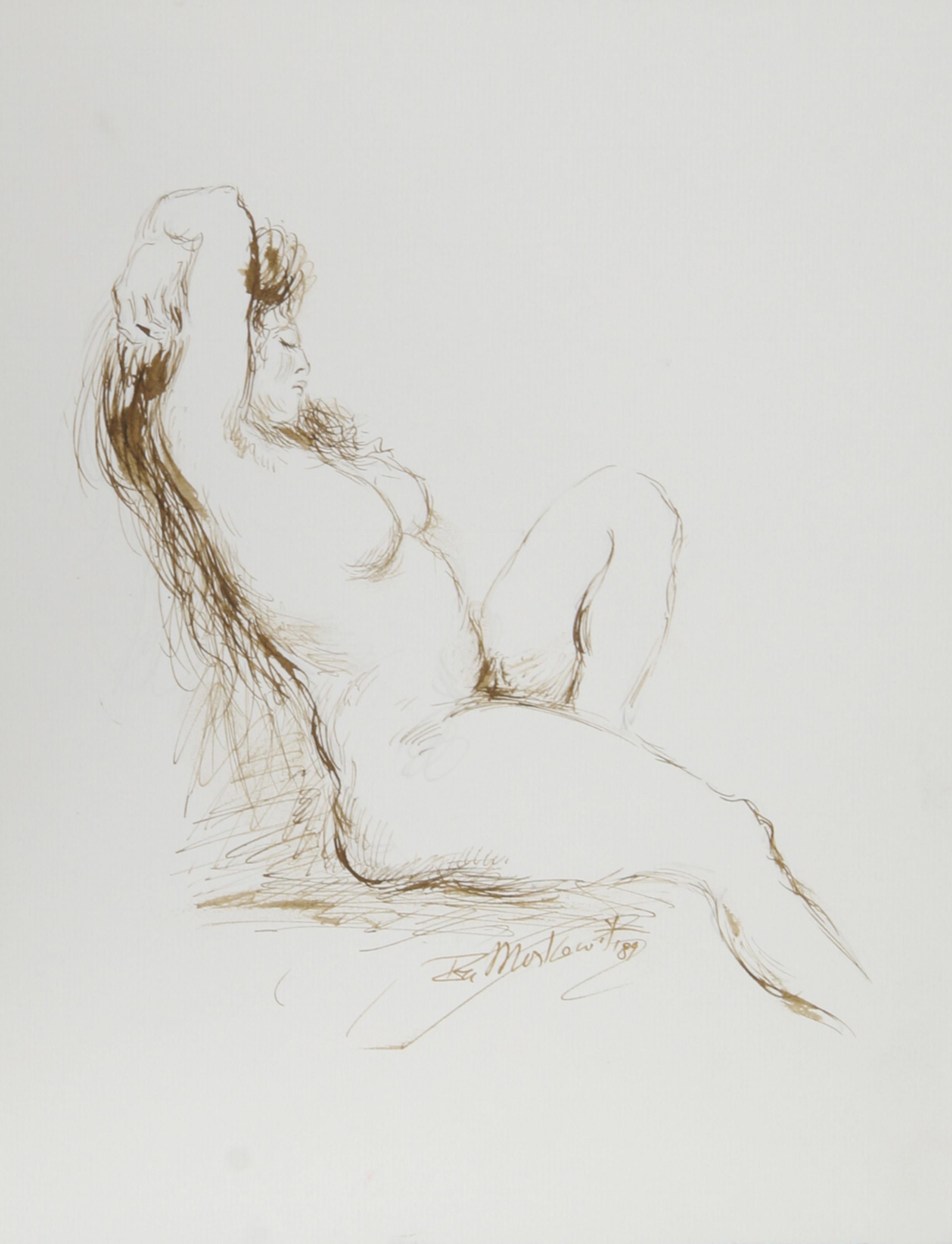  Ira Moskowitz, polonais/américain (1912-2001) -  Nu - I, Année : 1989, Médium : Encre sur papier, signé, Dimensions : 13 in. x 10 in. (33.02 cm x 25.4 cm), Description : Le rendu d'Ira Moskowitz d'un modèle féminin nu est sensuel et détendu. 