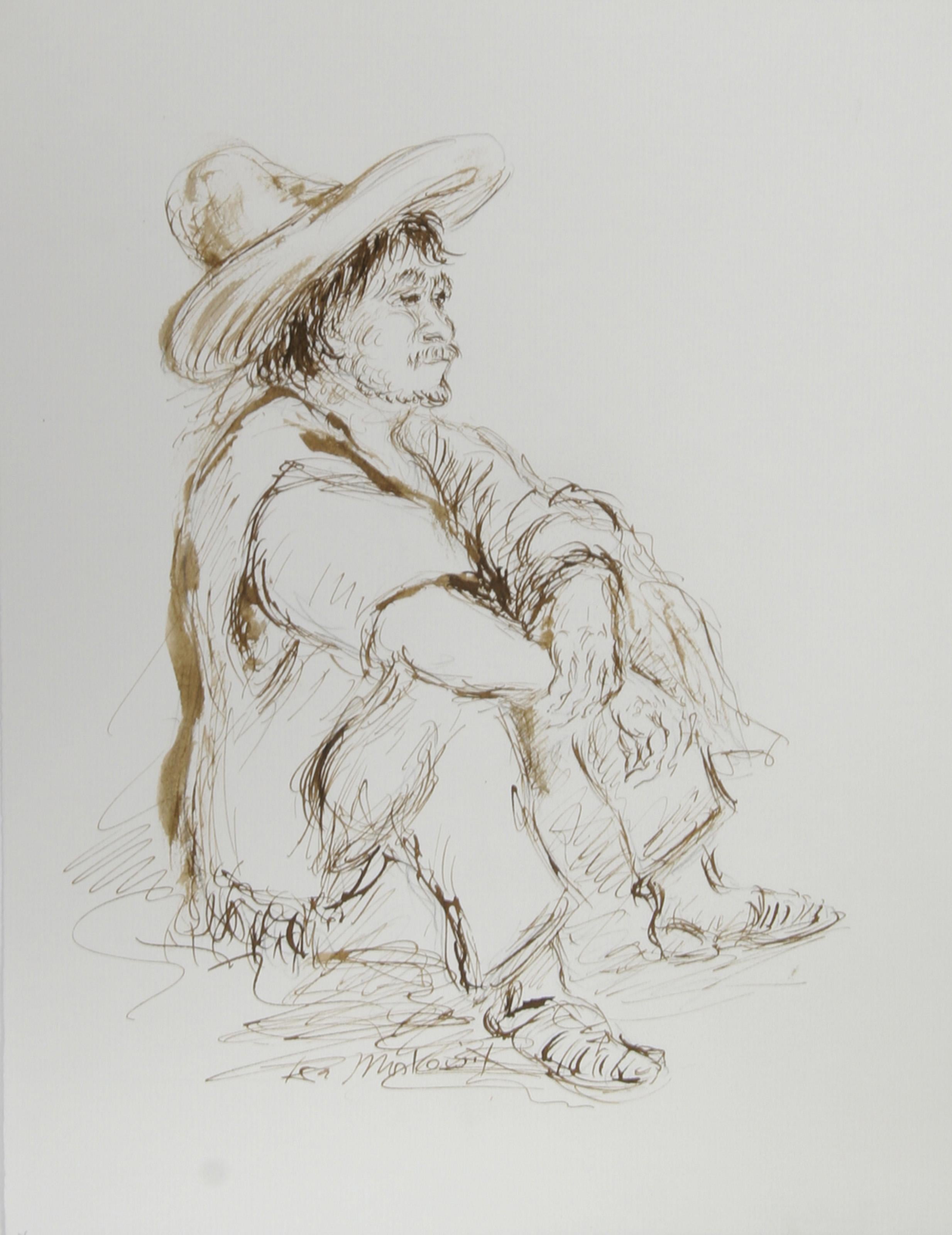  Ira Moskowitz, polacco/americano (1912-2001) -  Uomo con sombrero - I, Anno: circa 1989, Medium: Inchiostro su carta, firmato, Dimensioni: 13 in. x 10 in. (33,02 cm x 25,4 cm), Descrizione: Il disegno di Ira Moskowitz di un uomo in abiti