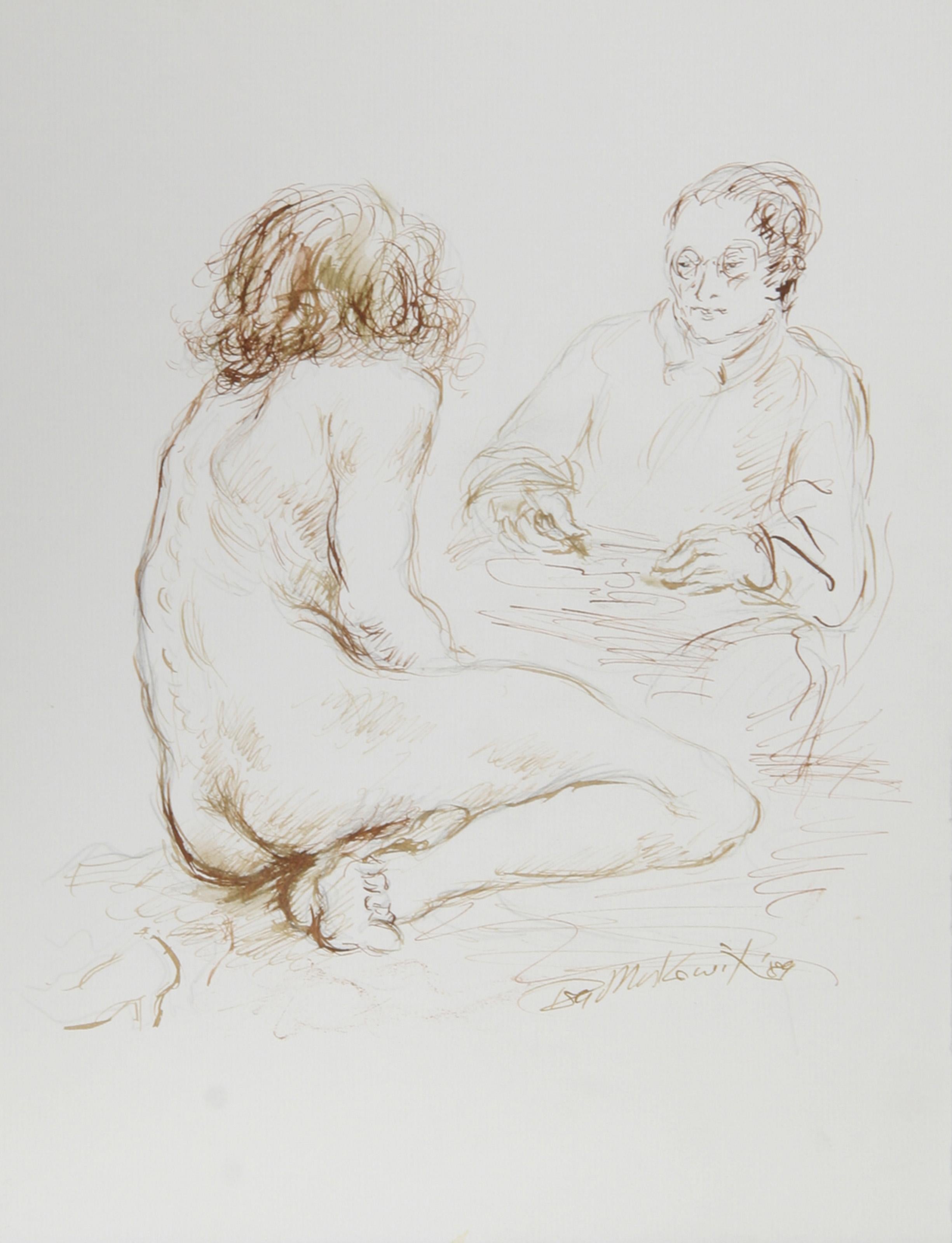 Artist and Nude Model - IX, Modern Ink on Paper by Ira Moskowitz